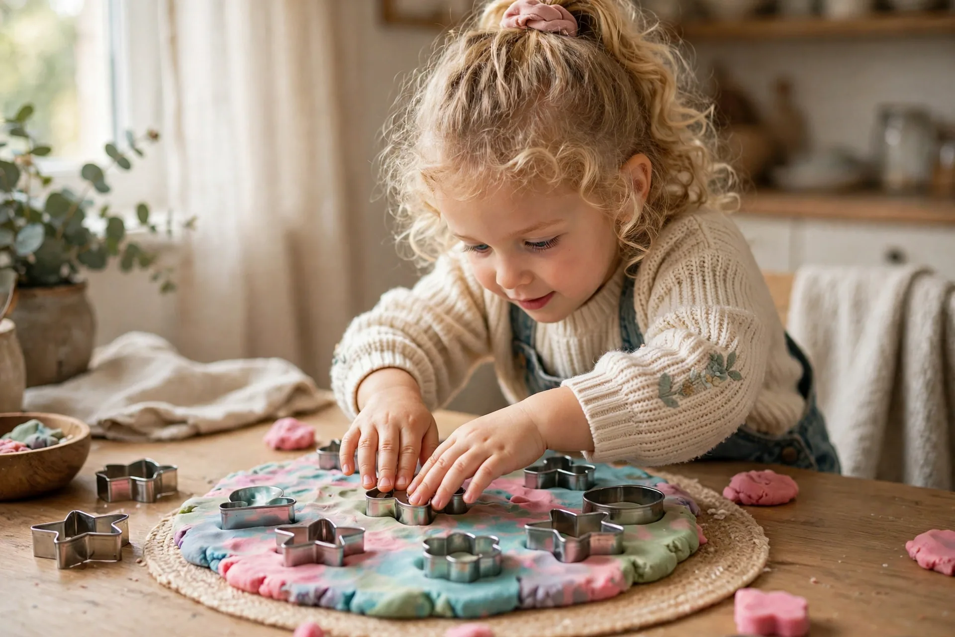 A preschooler pressing letter-shaped cookie cutters into flattened playdough to spell her name