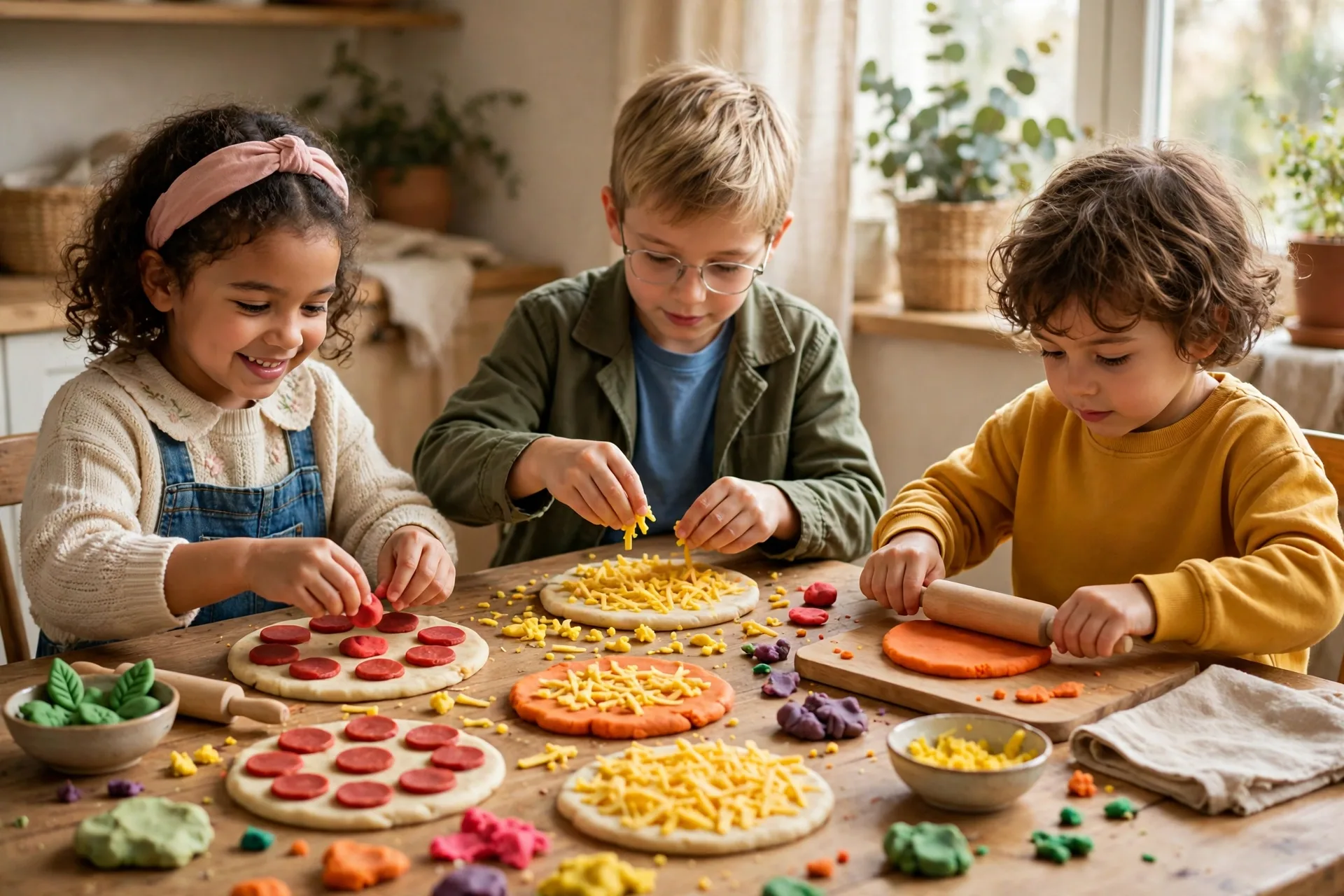 Kids making pretend pizzas from colorful playdough with dough pepperoni and cheese toppings