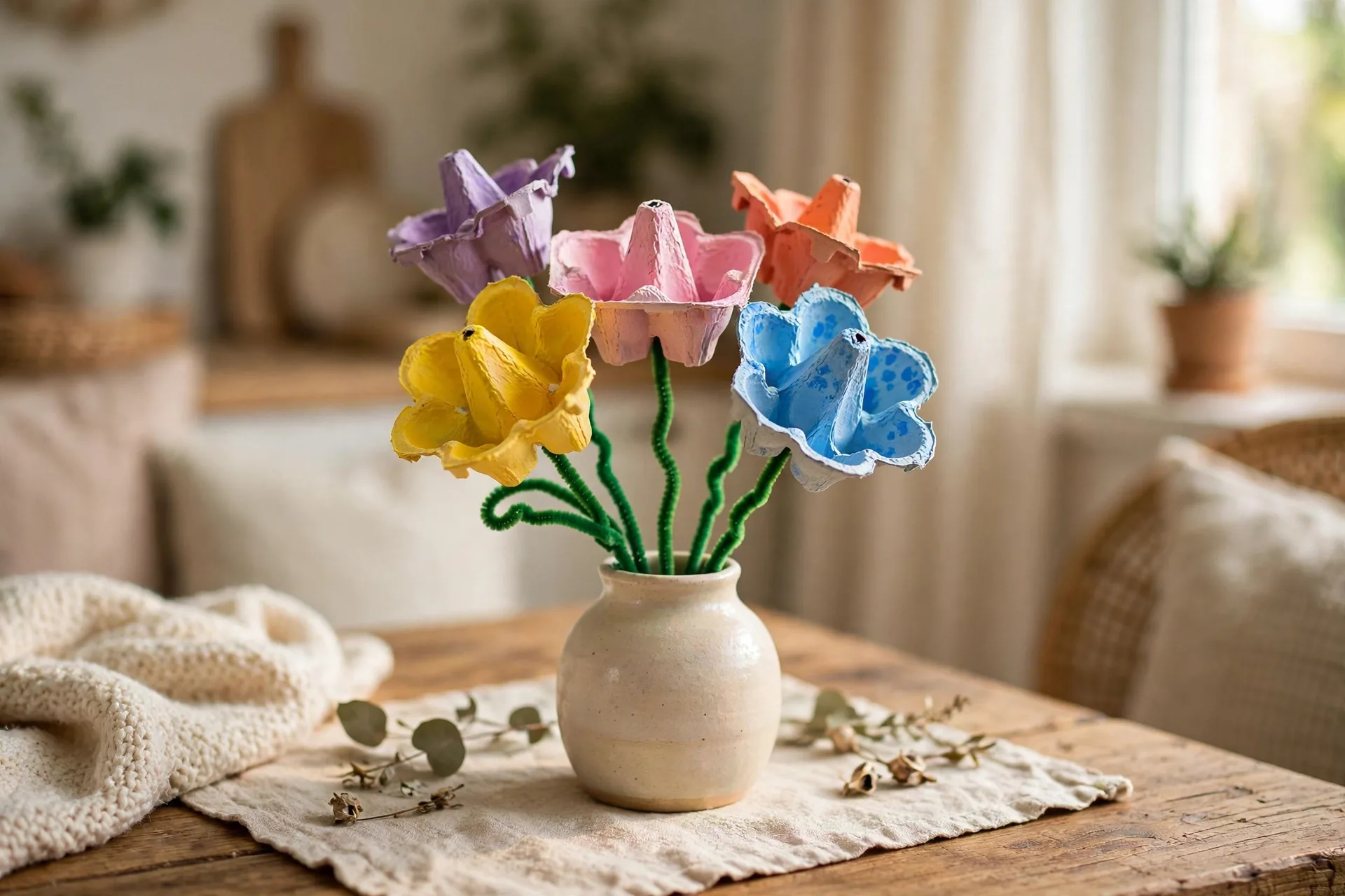 Bright painted egg carton flowers with pipe cleaner stems in a small vase on a table
