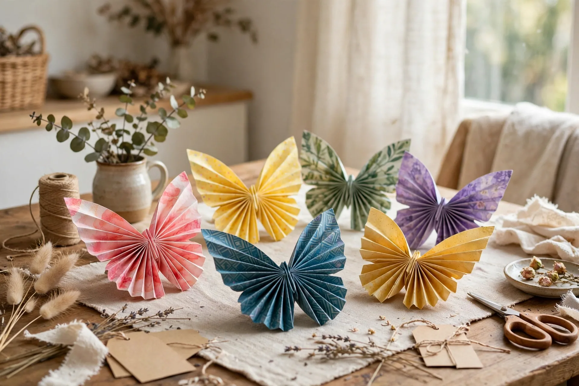 Colorful paper fan butterflies with folded wings displayed on a craft table