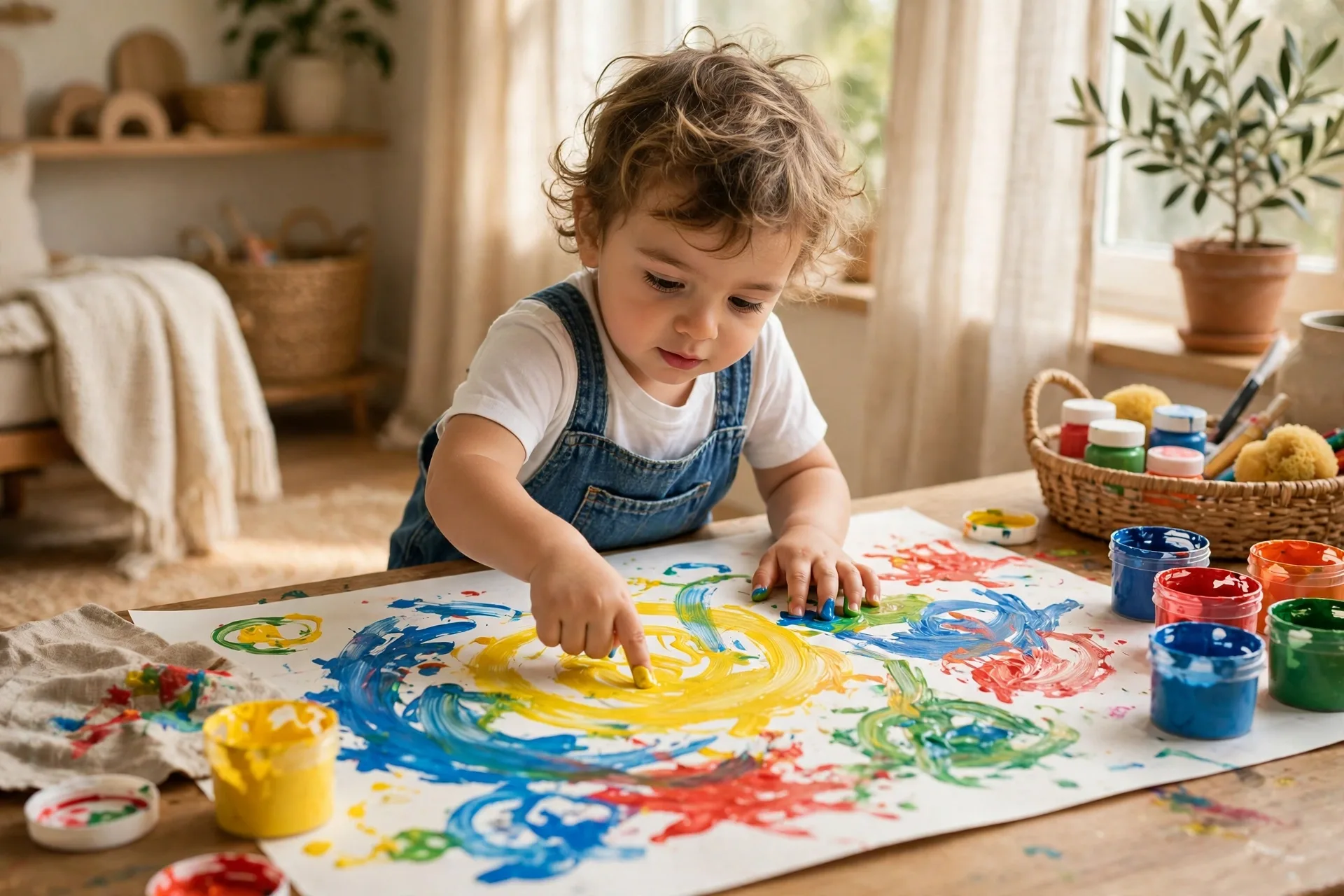 A toddler finger painting with bright washable paint on a big sheet of paper