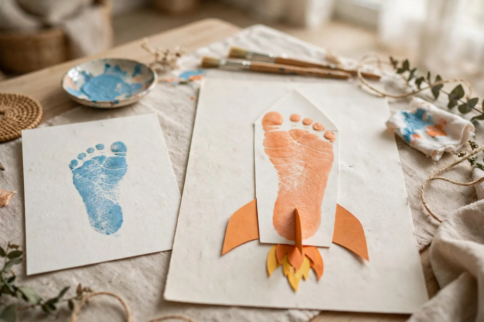 A baby footprint stamped in paint on paper next to a toddler footprint art rocket