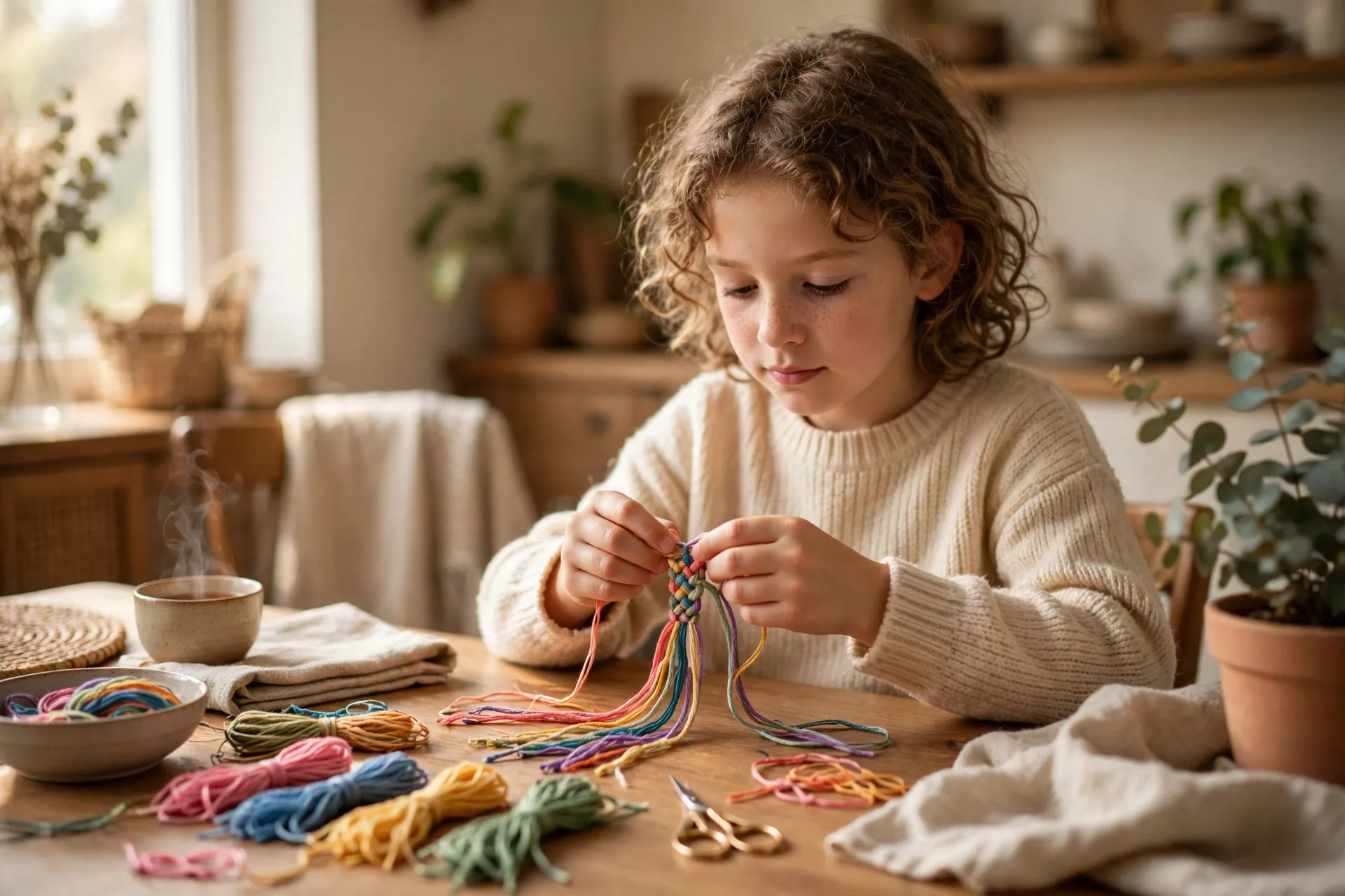 A child braiding colorful embroidery thread into a friendship bracelet at a table