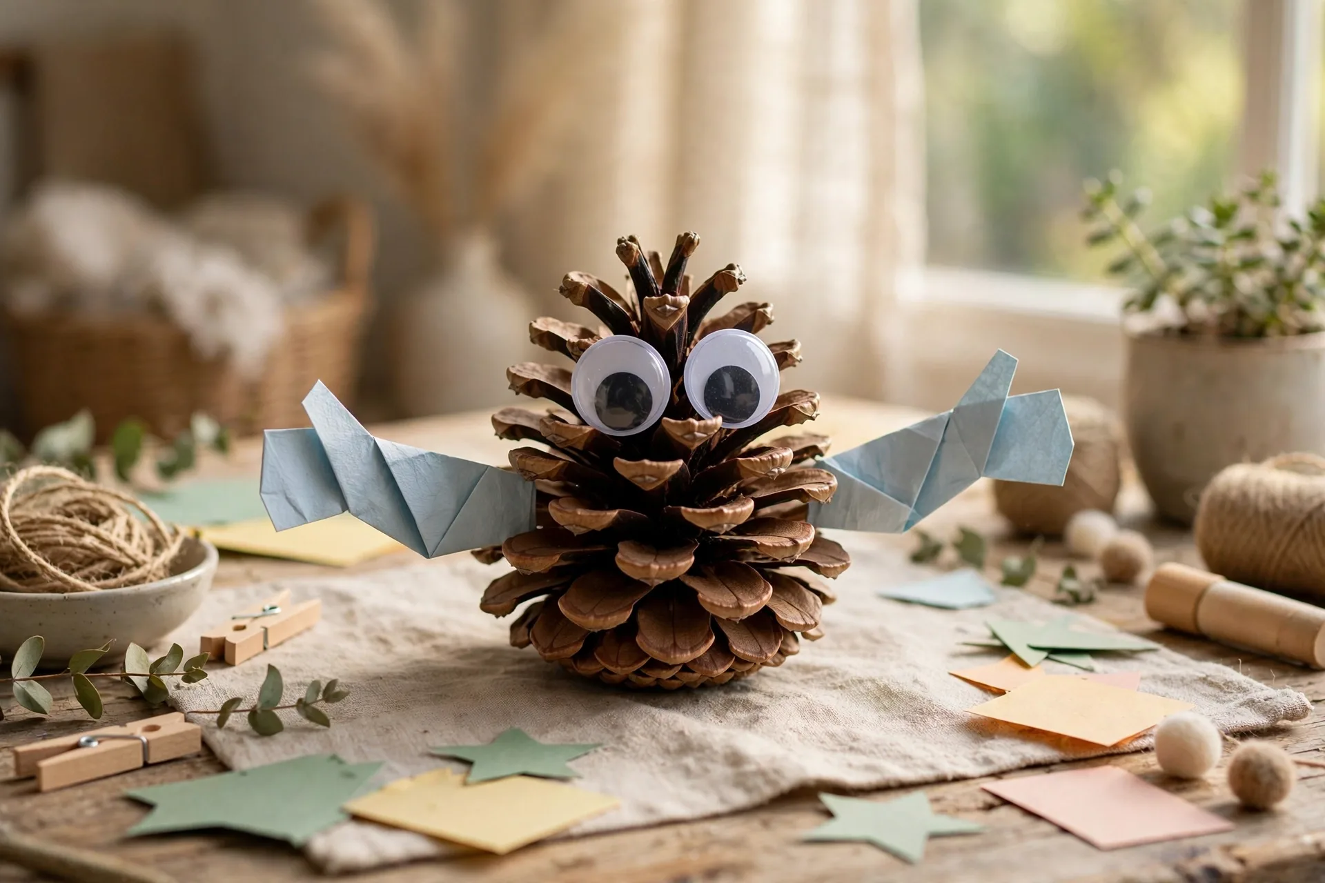 A googly eye monster made from a pinecone with paper arms on a craft table
