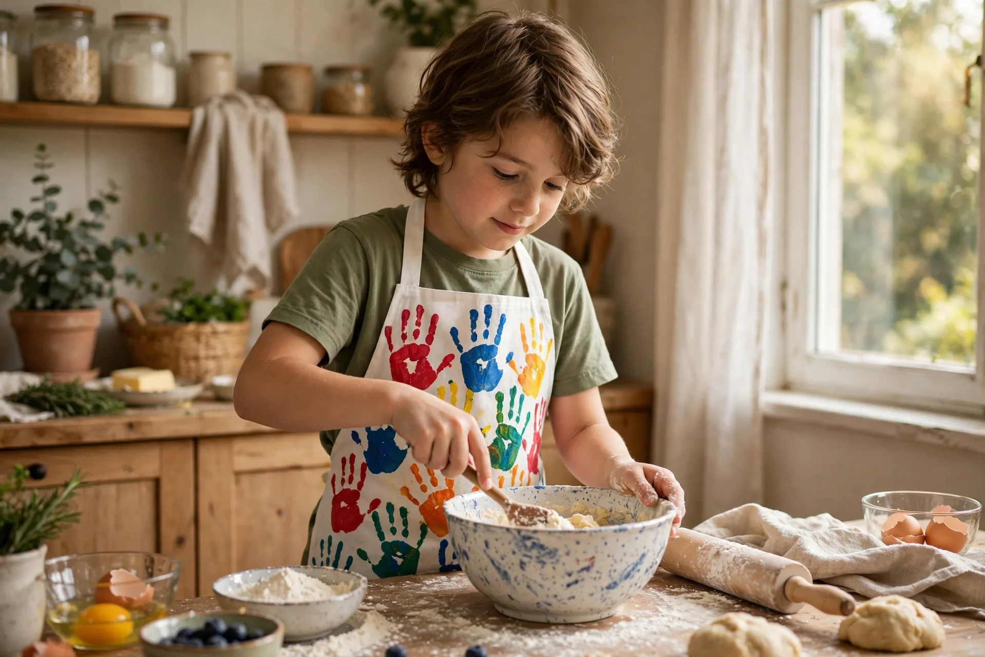 A child wearing a white apron decorated with colorful handprints while baking in a kitchen