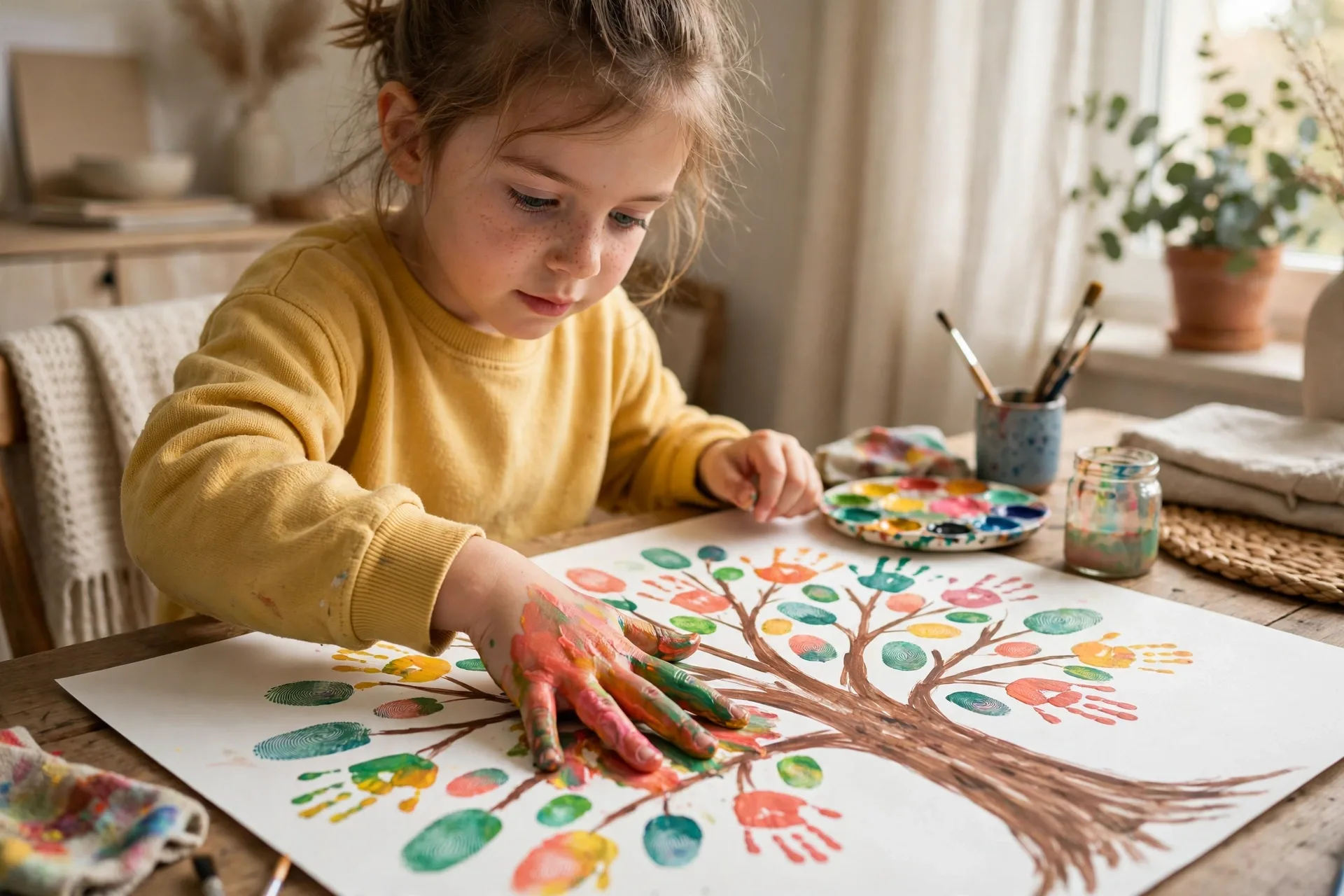 A child pressing a painted hand onto paper to make a handprint tree with colorful fingerprint leaves