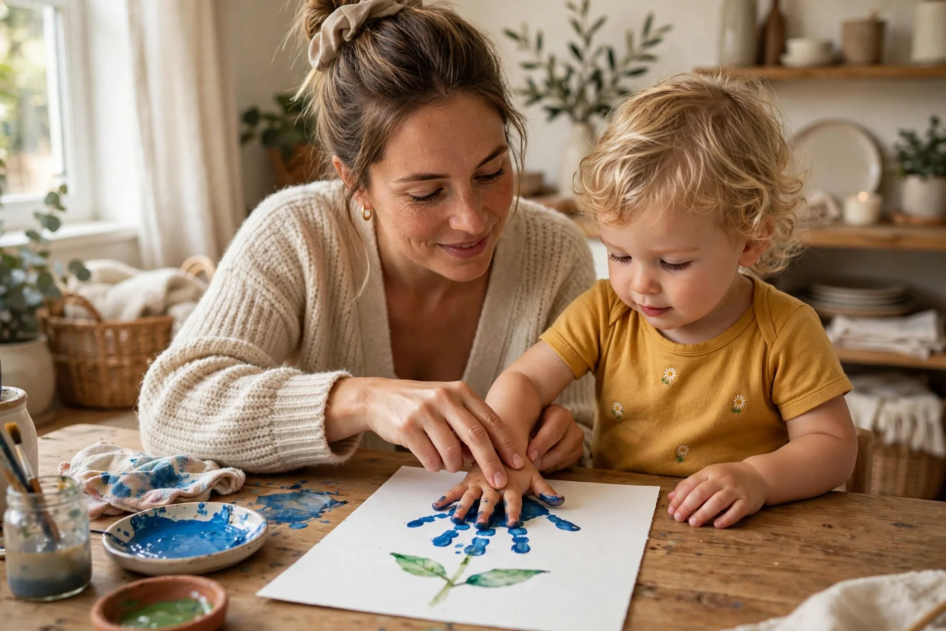 A mom pressing a toddler handprint in paint onto paper for a keepsake flower