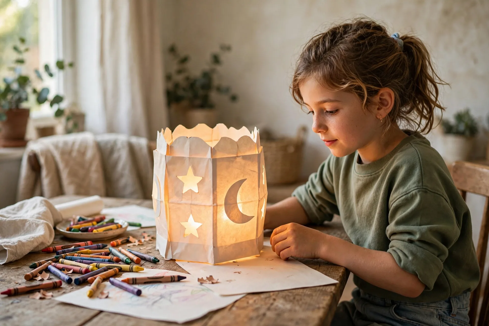 A glowing paper lantern made by a child sitting on a table next to crayons and paper