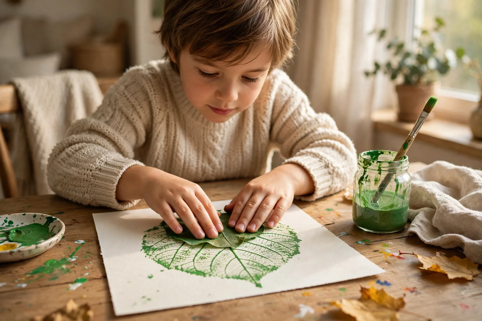 A child pressing a painted leaf onto paper to reveal the vein print