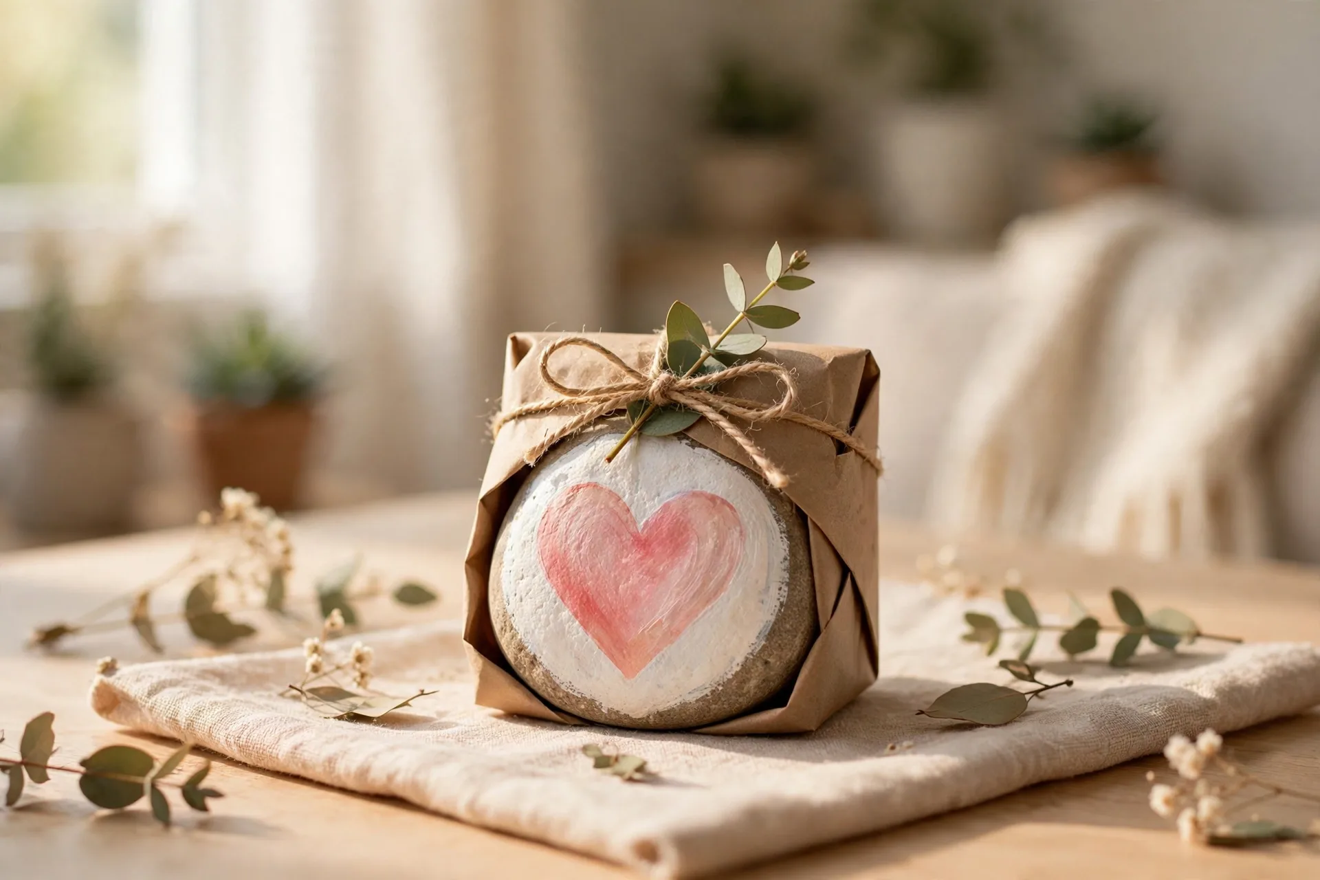 A hand-painted rock with a heart and the words thank you on it wrapped as a small gift