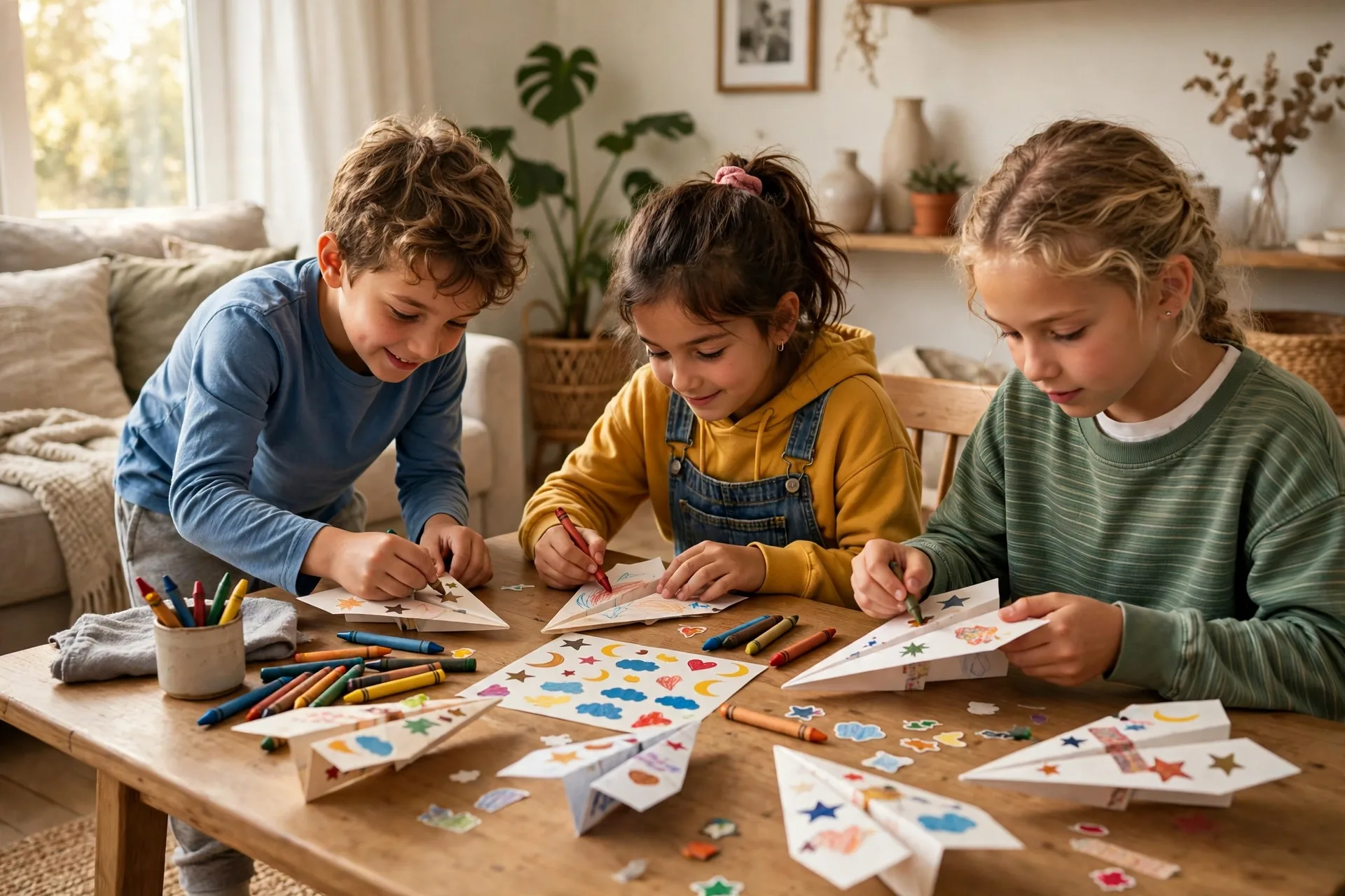 Kids decorating paper airplanes with crayons and stickers before a flying contest in the living room