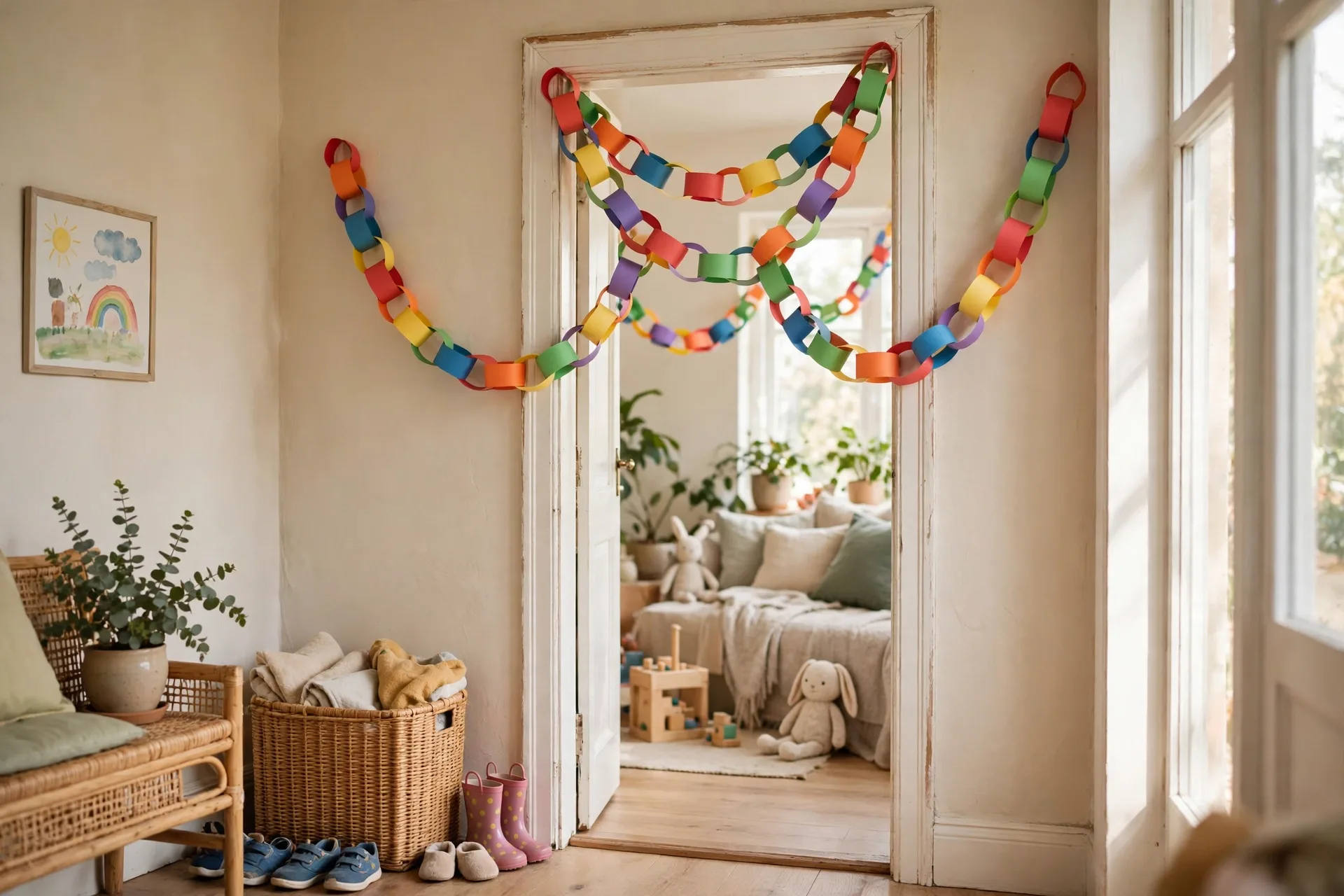 Colorful paper chains looped across a doorway made by a preschooler