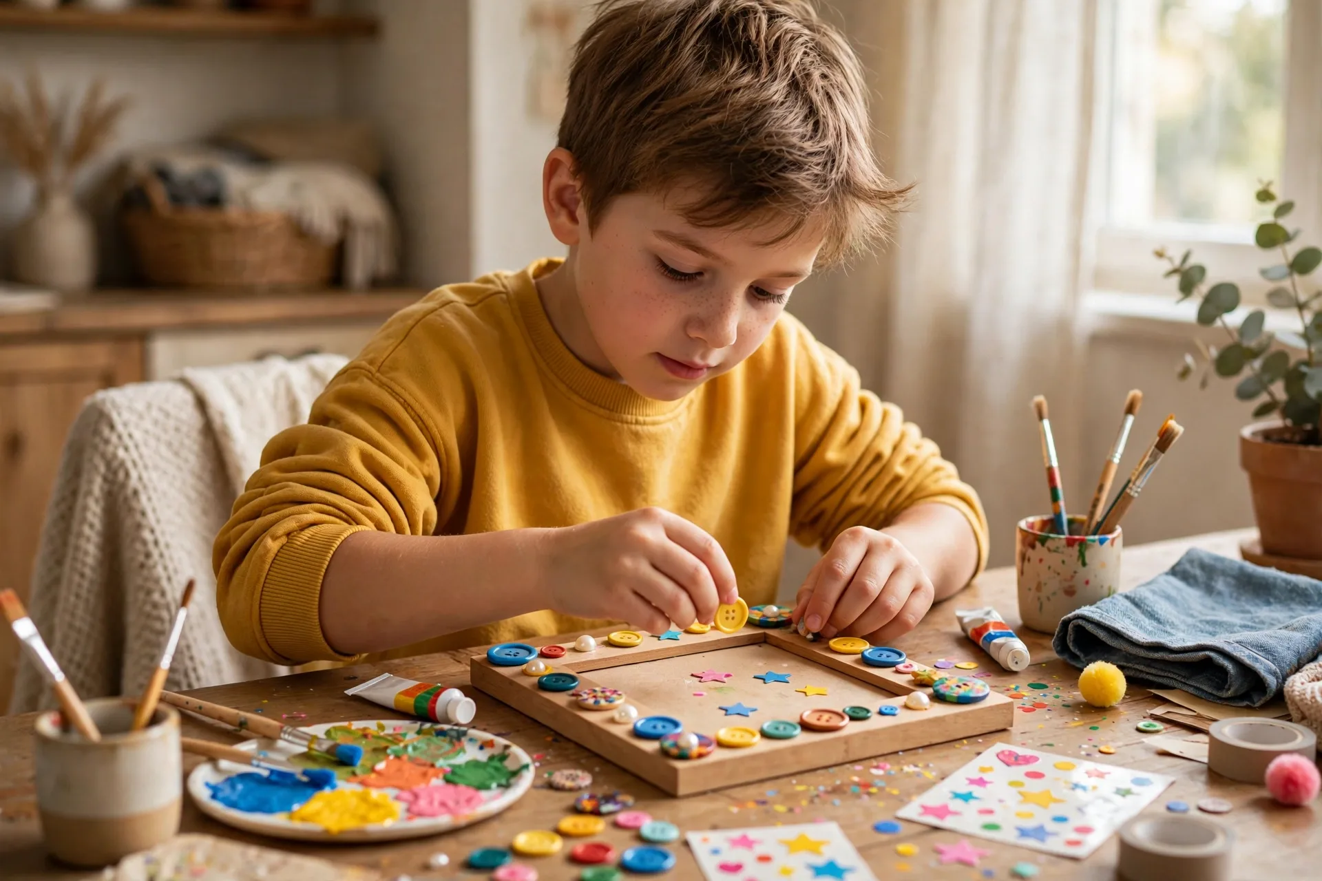A child decorating a wooden photo frame with buttons, stickers, and bright paint