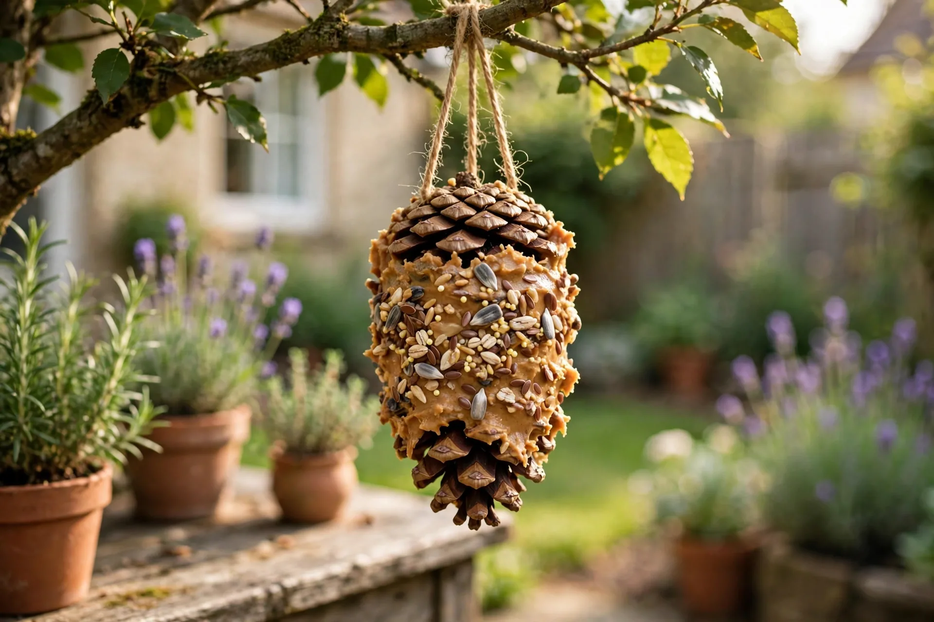 A pinecone coated in peanut butter and birdseed hanging from a tree branch in a garden