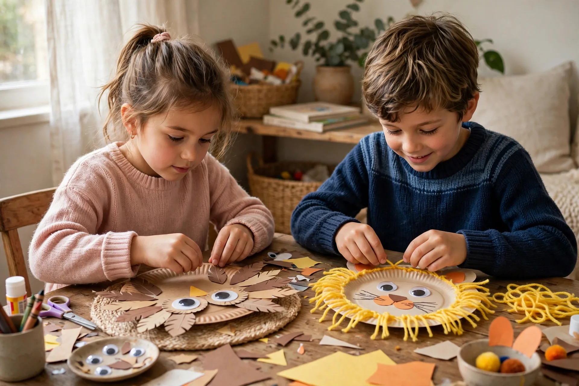 Two young kids making paper plate animals, a lion and an owl, at a craft table