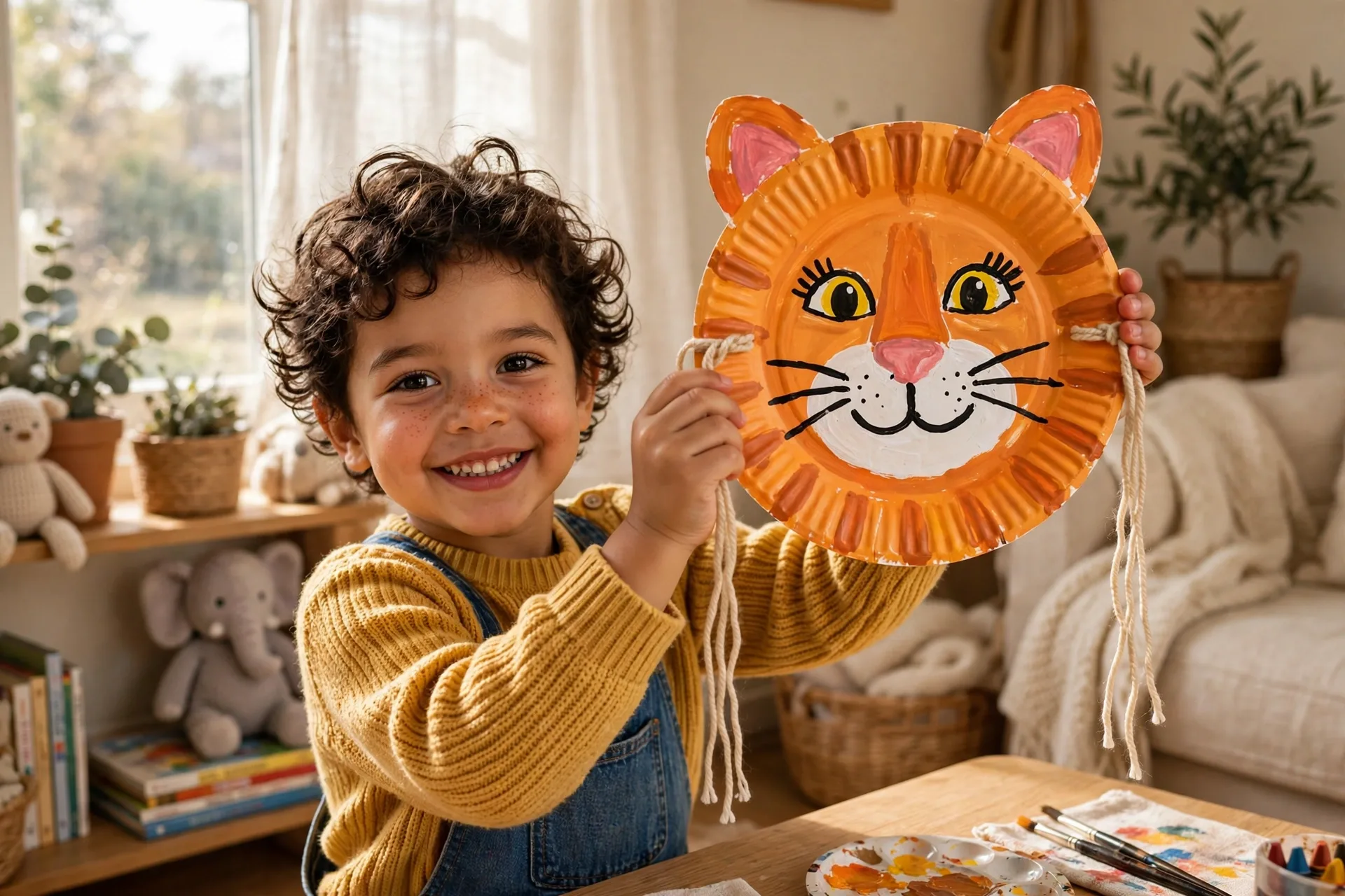A preschooler holding up a painted paper plate animal mask with yarn ties
