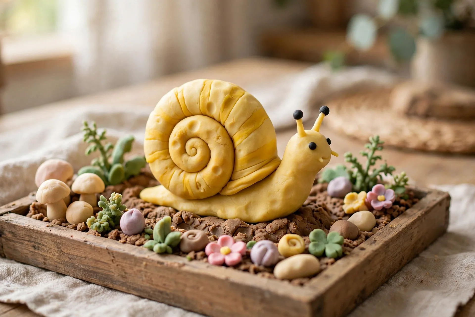 A playdough snail with a coiled shell sitting in a small dough garden