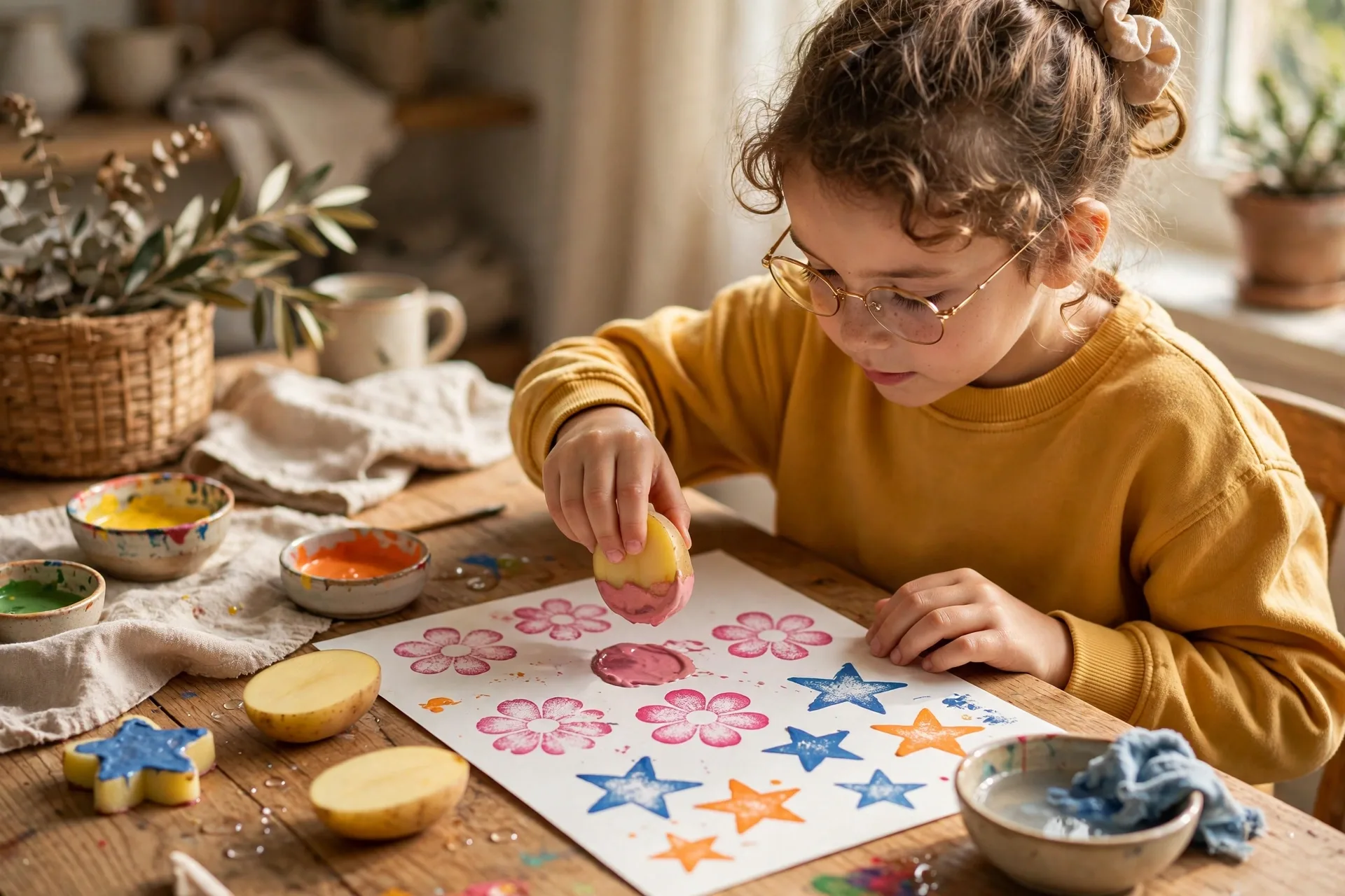 A child stamping potato halves dipped in paint onto paper to make flower and star prints