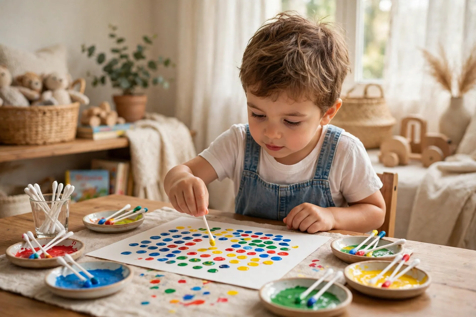 A toddler making dot paintings with cotton swabs dipped in bright washable paint