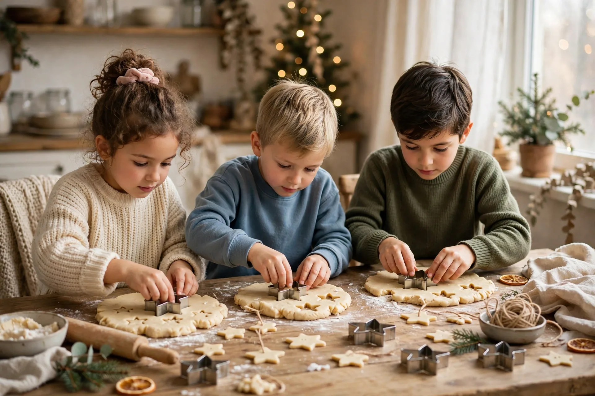 Kids pressing cookie cutters into salt dough to make star ornaments for the tree