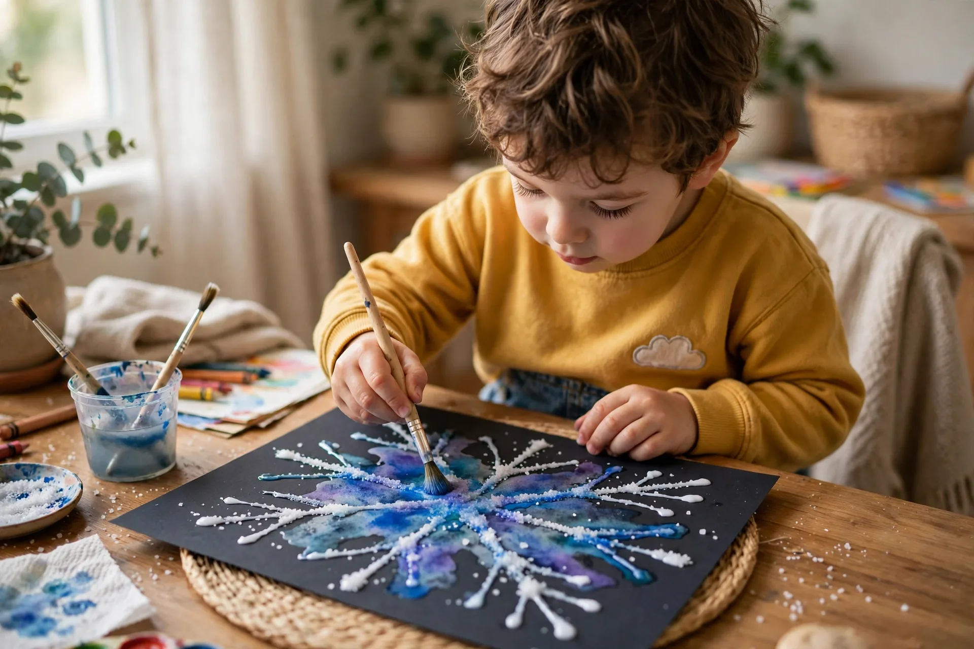 A preschooler painting salty glue lines with watery paint on dark paper