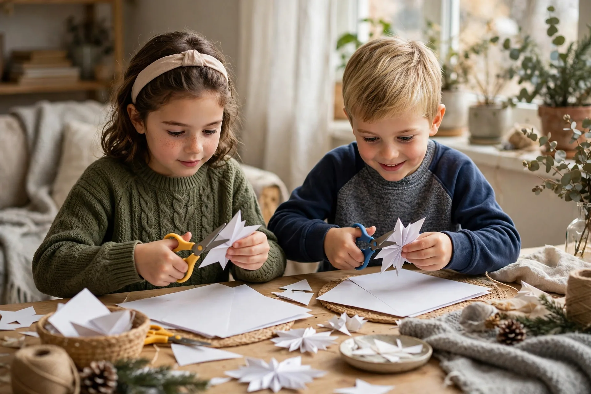 Two kids cutting folded white paper snowflakes at a craft table with safety scissors