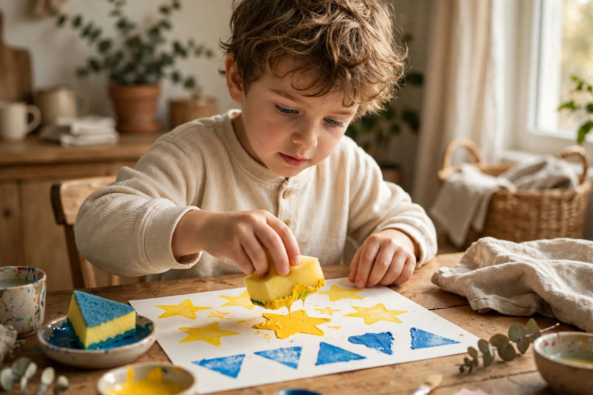A child stamping star and triangle shapes with a kitchen sponge dipped in paint