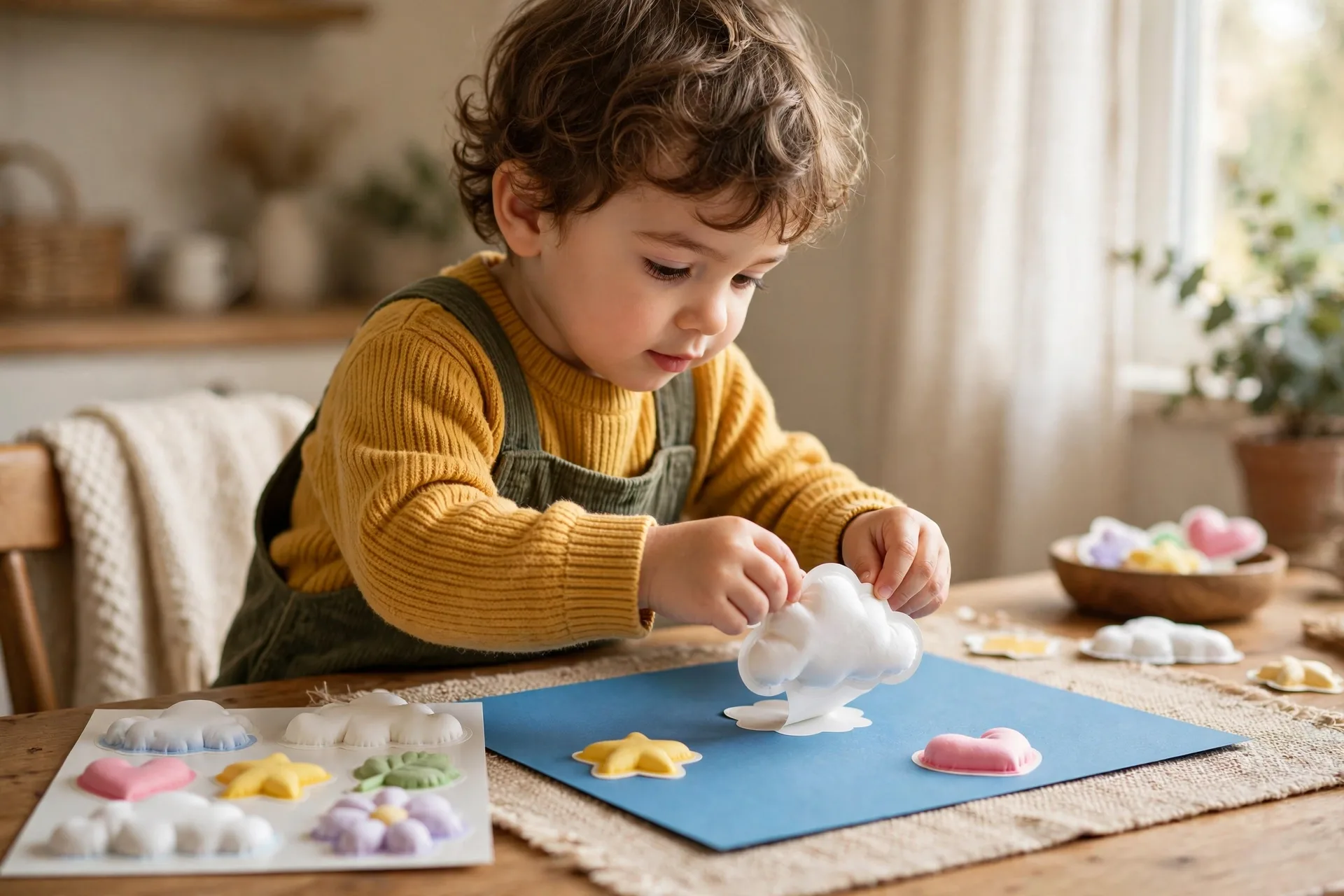 A toddler peeling big puffy stickers onto a sheet of construction paper
