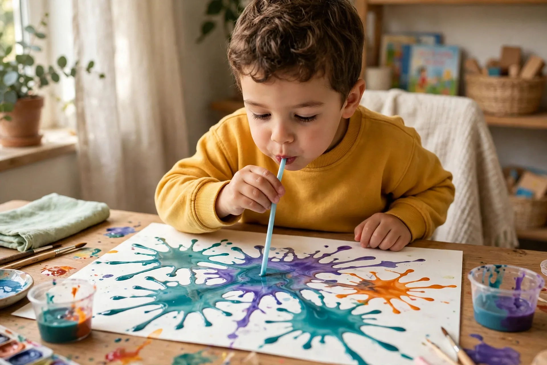 A preschooler blowing through a straw to spread blobs of watery paint into spiky monster shapes