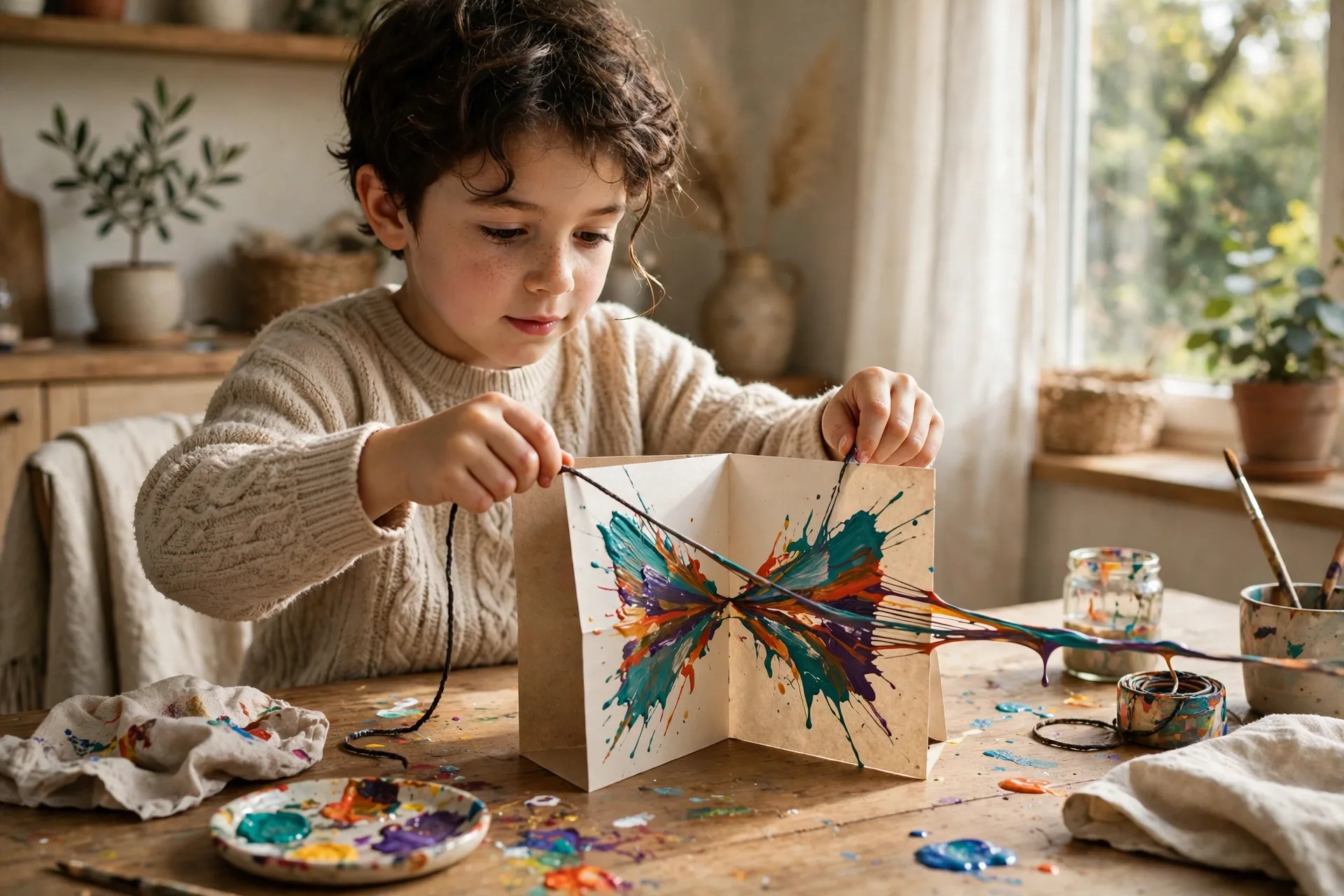 A child pulling a paint-dipped string from folded paper to reveal a symmetrical string painting