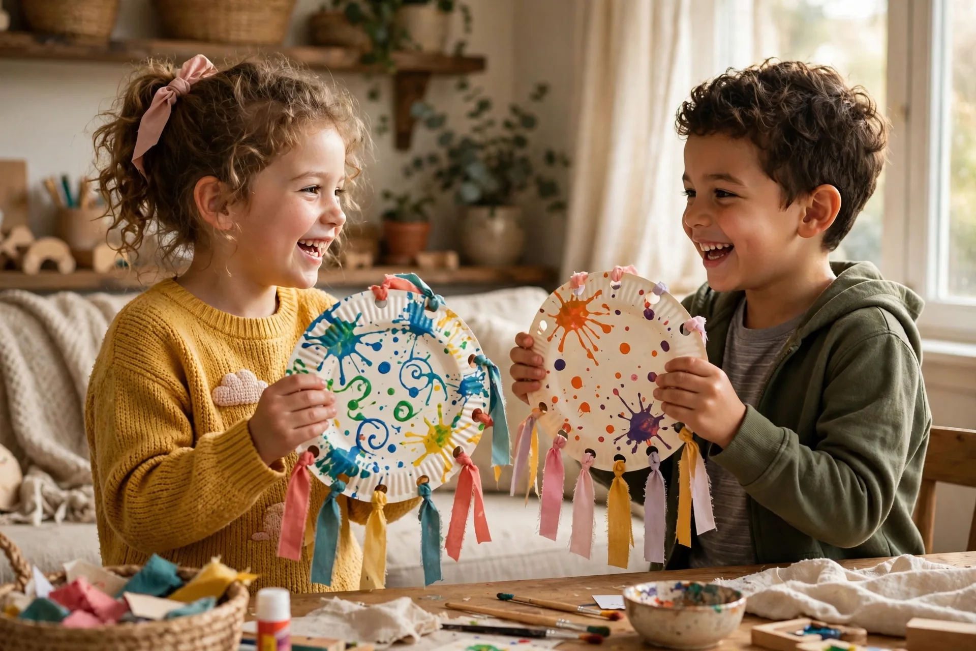 Two young kids shaking homemade paper plate tambourines decorated with paint and ribbons