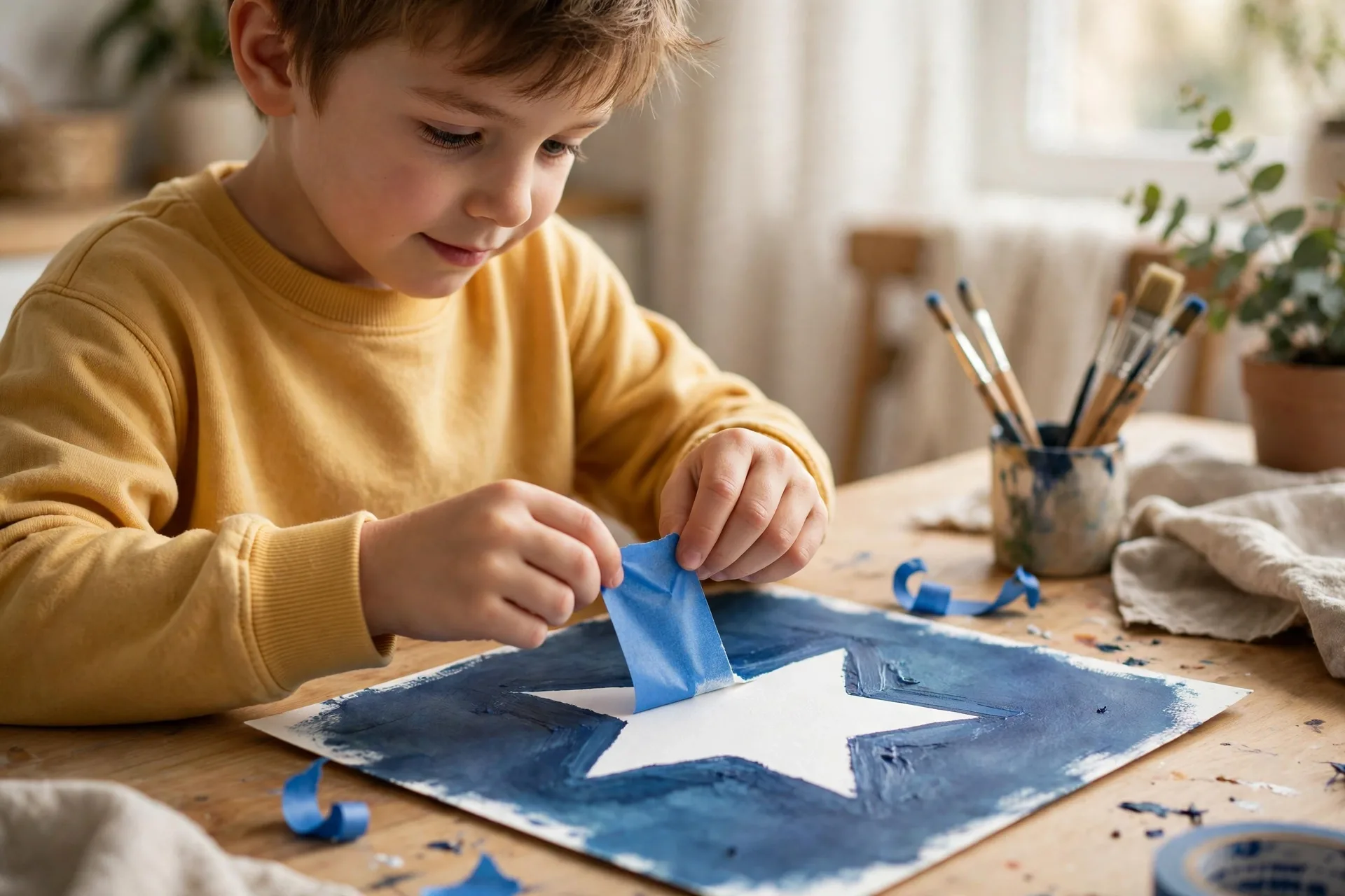 A child peeling painter tape off a painted paper to reveal a crisp white star shape