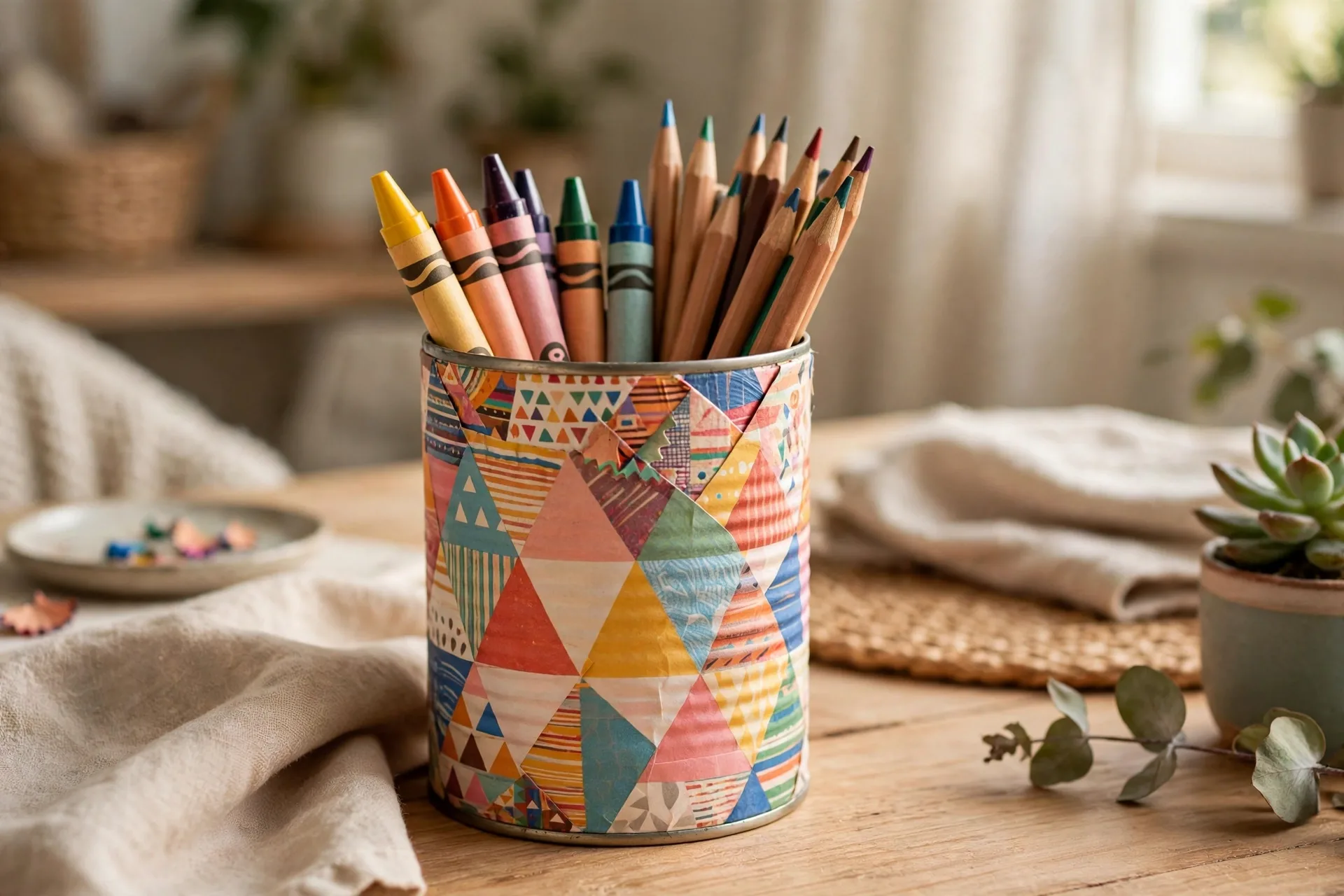 A decorated tin can pencil holder wrapped in colorful paper holding crayons and pencils on a desk