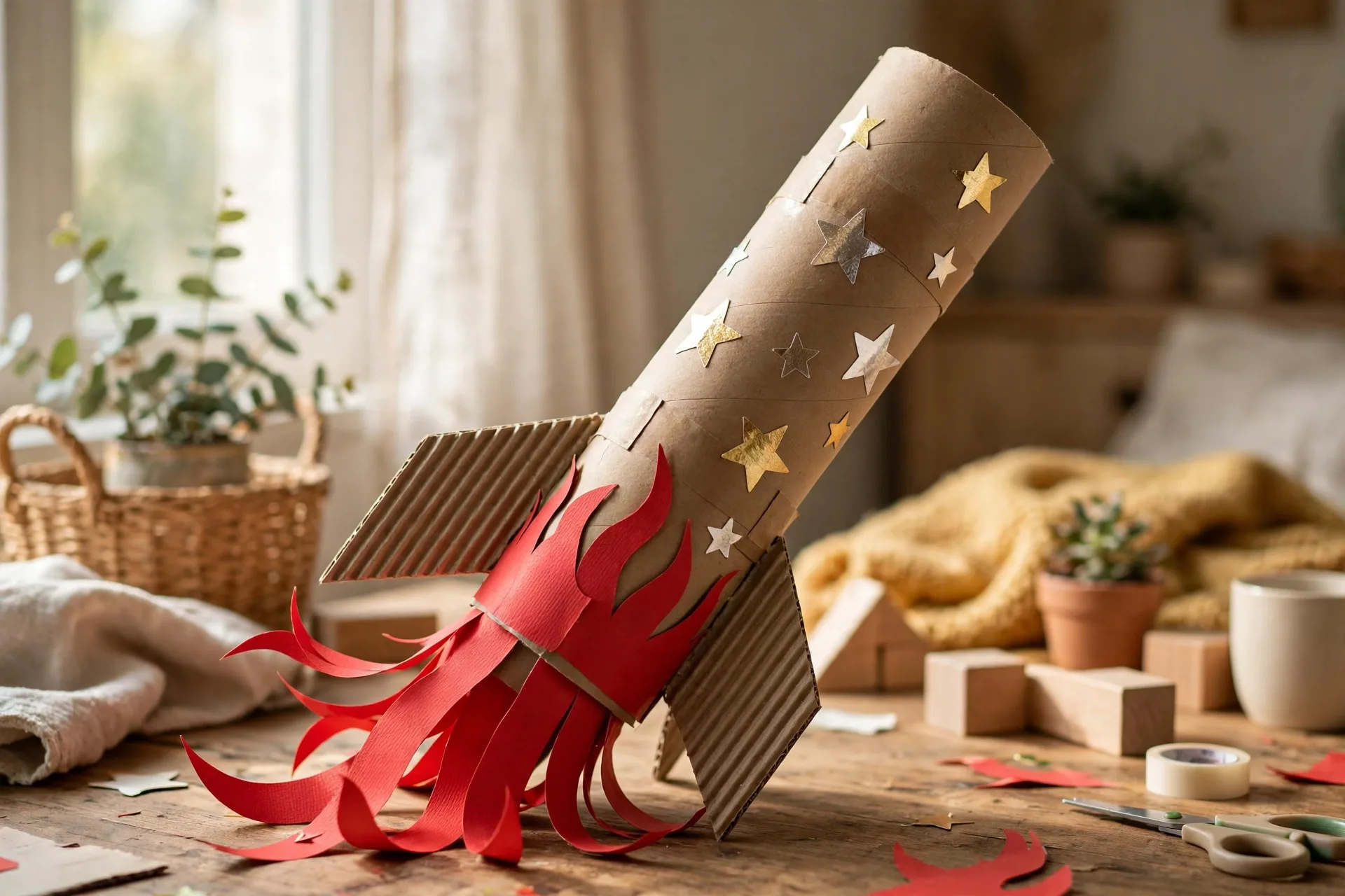A cardboard tube rocket decorated with red paper flames and star stickers ready for launch