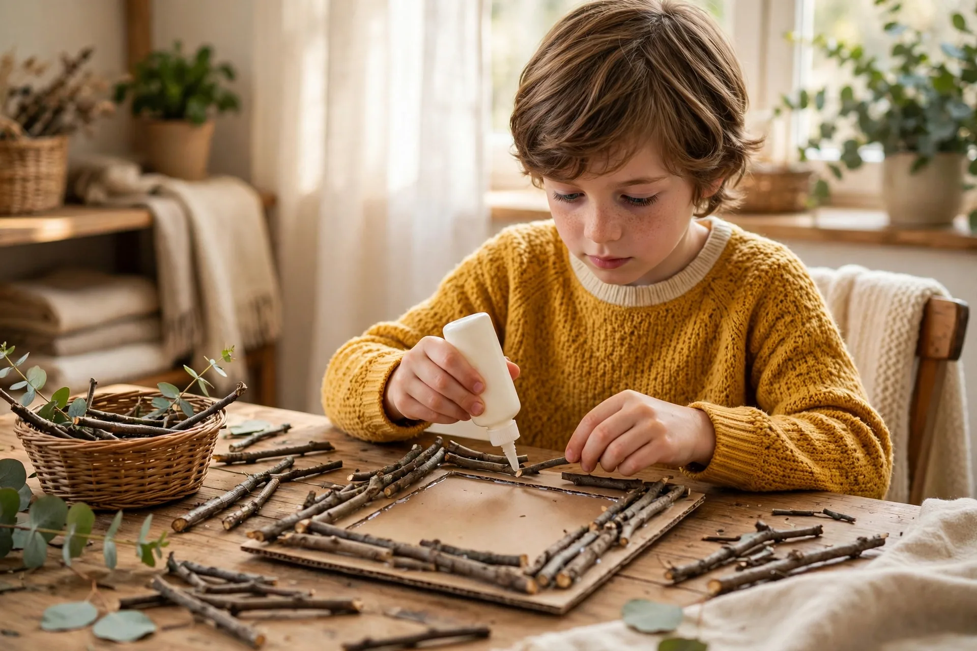 A child gluing collected twigs around a cardboard frame for a family photo