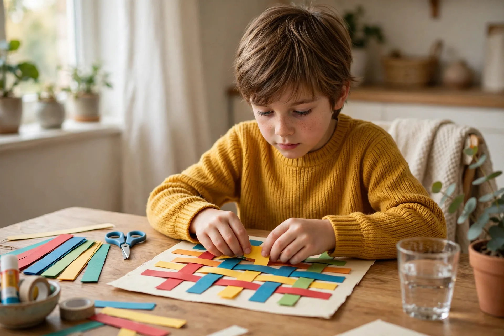 A child weaving colored paper strips over and under a paper mat at a table