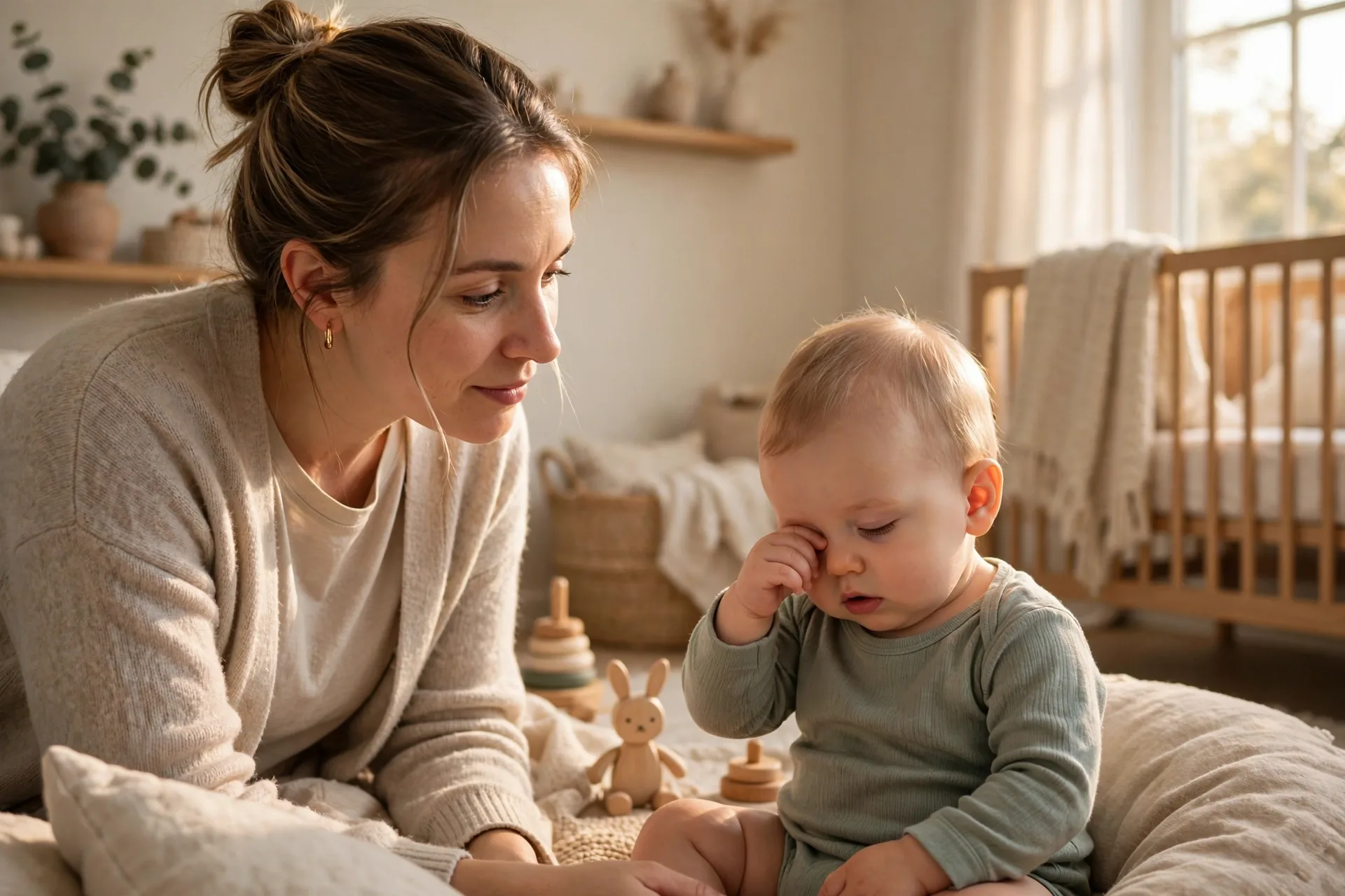 Mom noticing her baby's first sleepy cues in a calm nursery