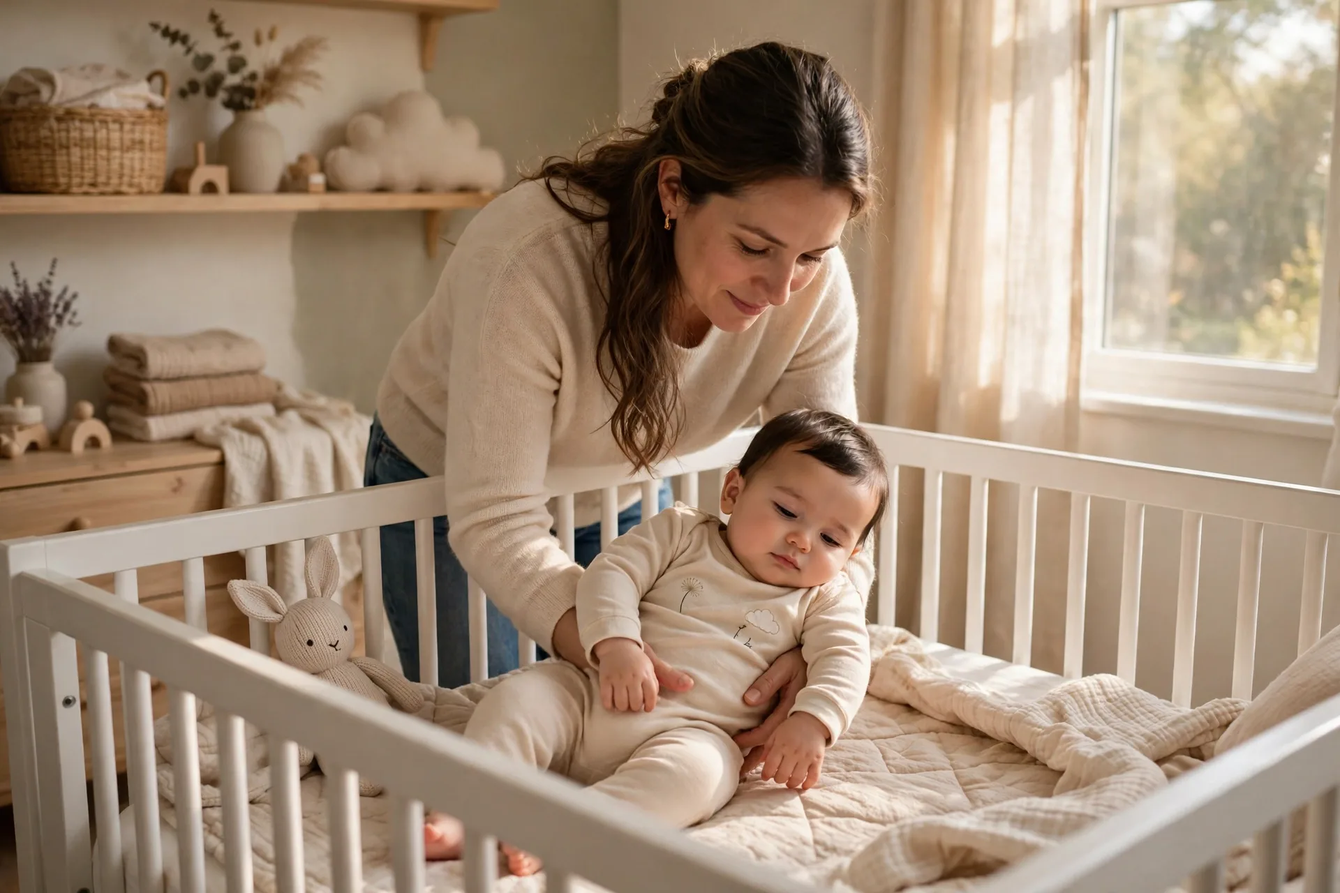 Parent placing a drowsy baby into a white crib