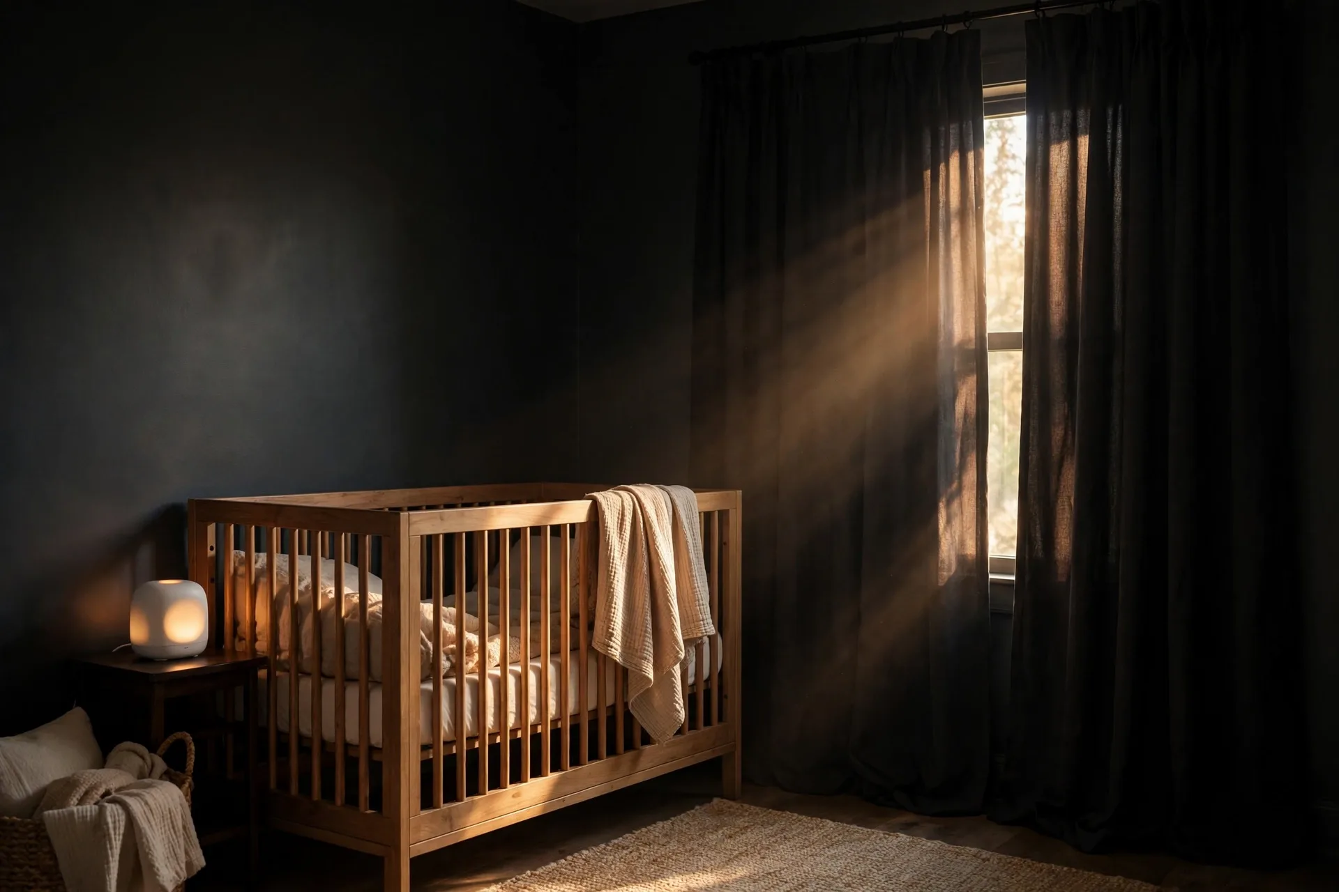 A dark nursery with blackout curtains and a white noise machine beside the crib