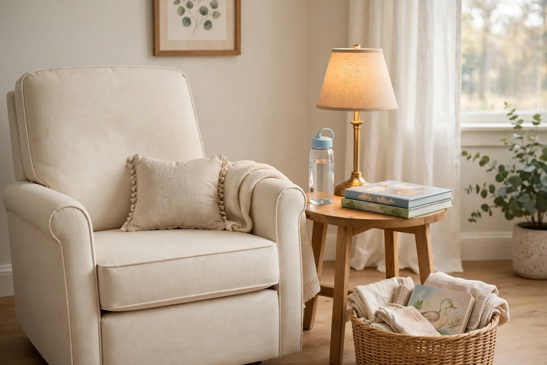 A cozy nursery feeding corner with an armchair, lamp, water bottle and books