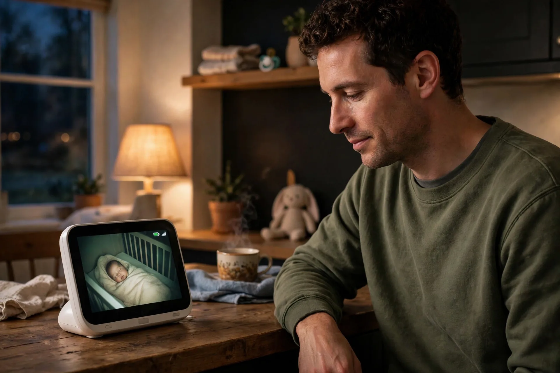 Parent pausing and watching a baby monitor before responding