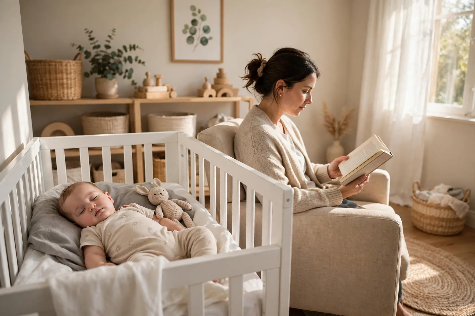 A baby napping in a white crib in a bright nursery during the day