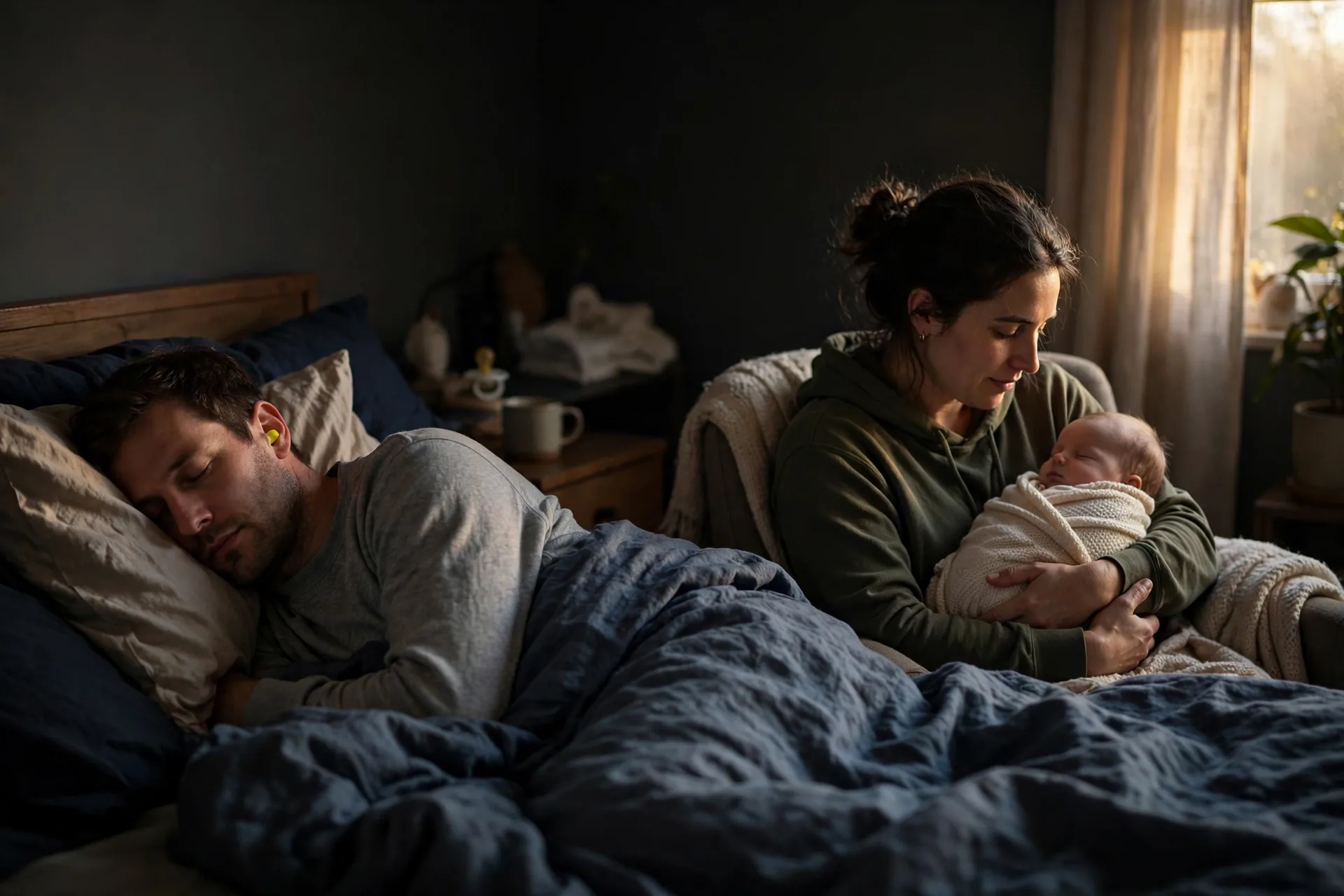 One parent sleeping while the other holds the baby on the night shift