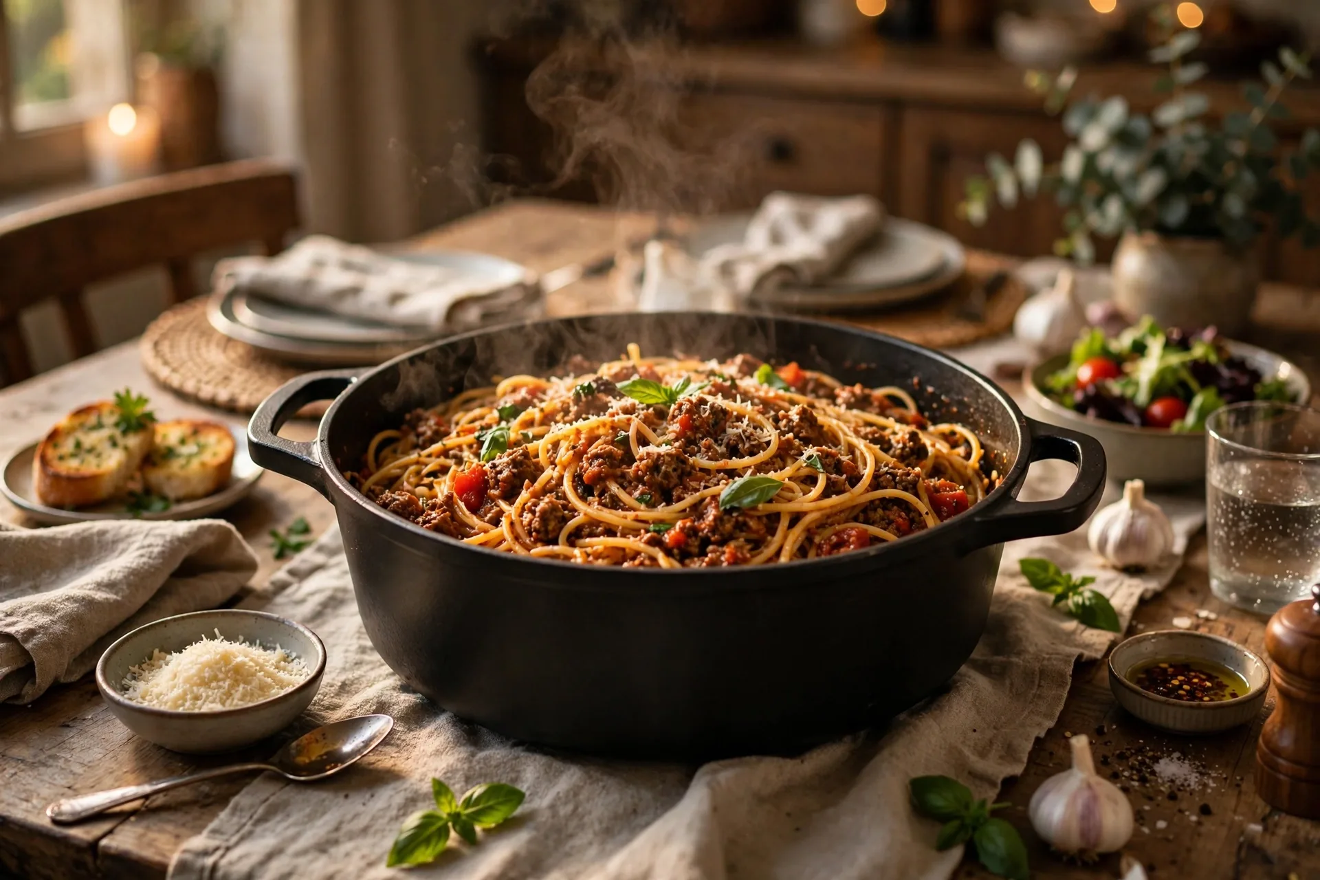 One-pot spaghetti with meat sauce