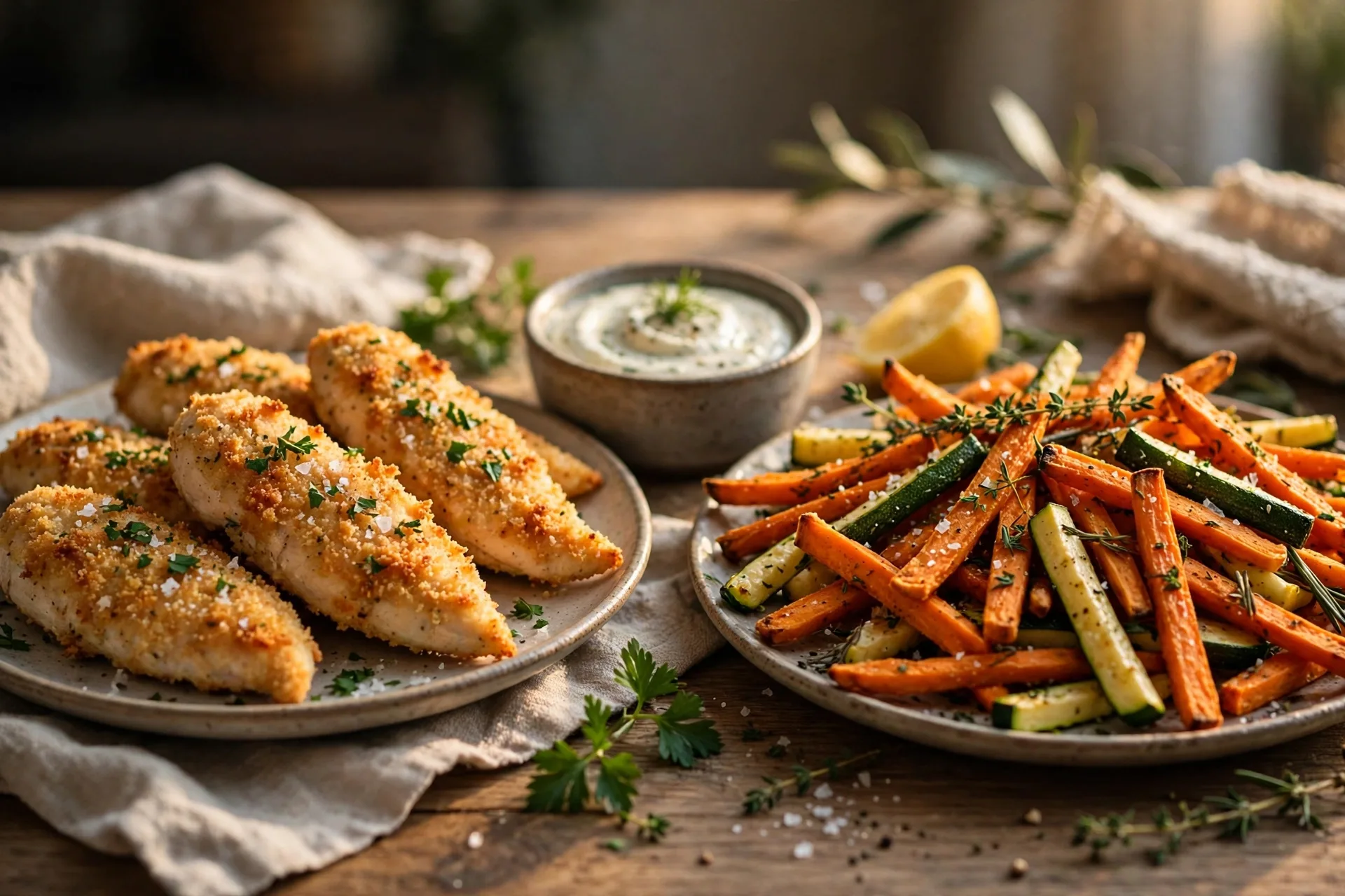Baked chicken tenders and veggie fries