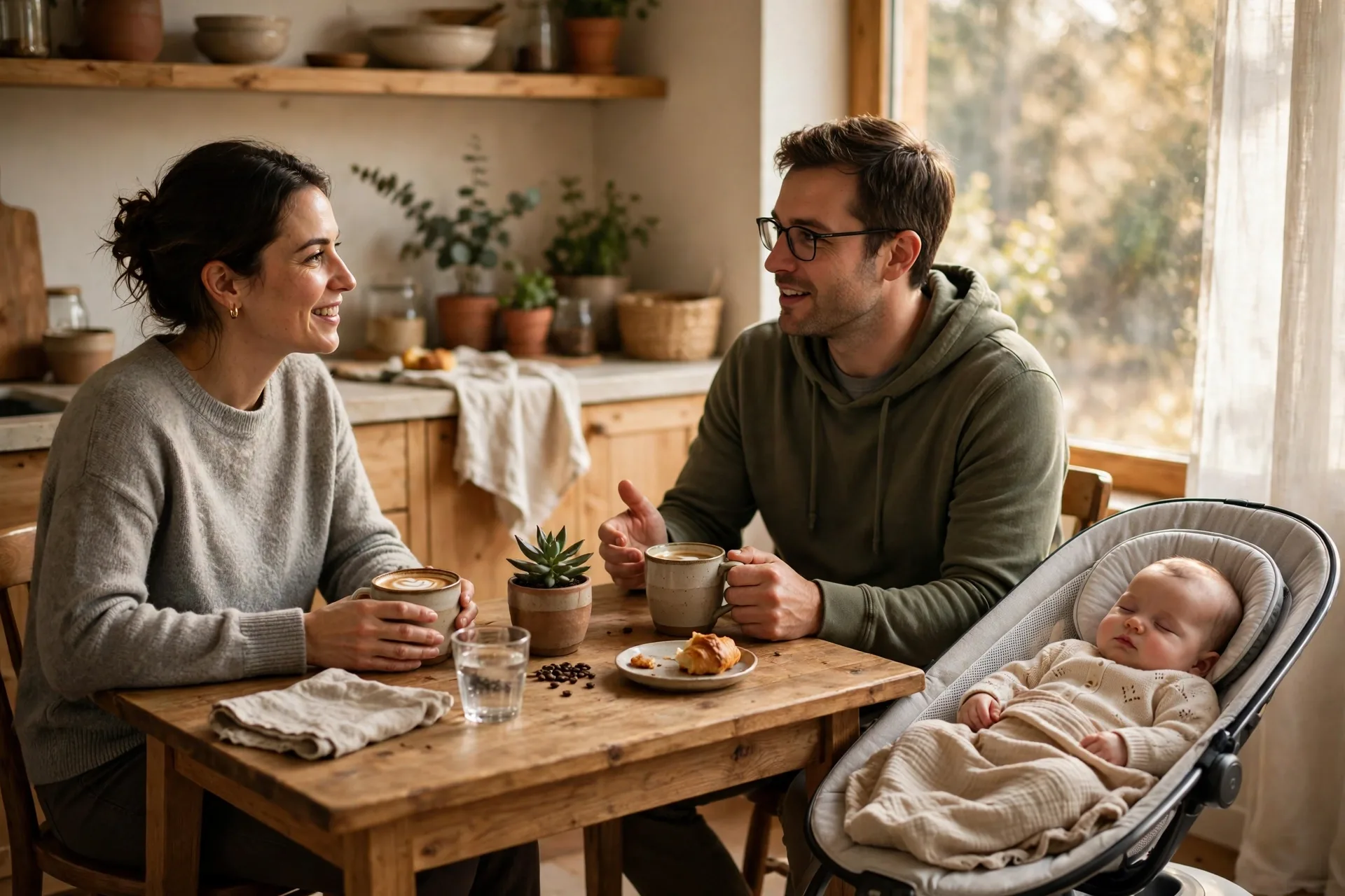 New parents talking over coffee while their baby sleeps nearby