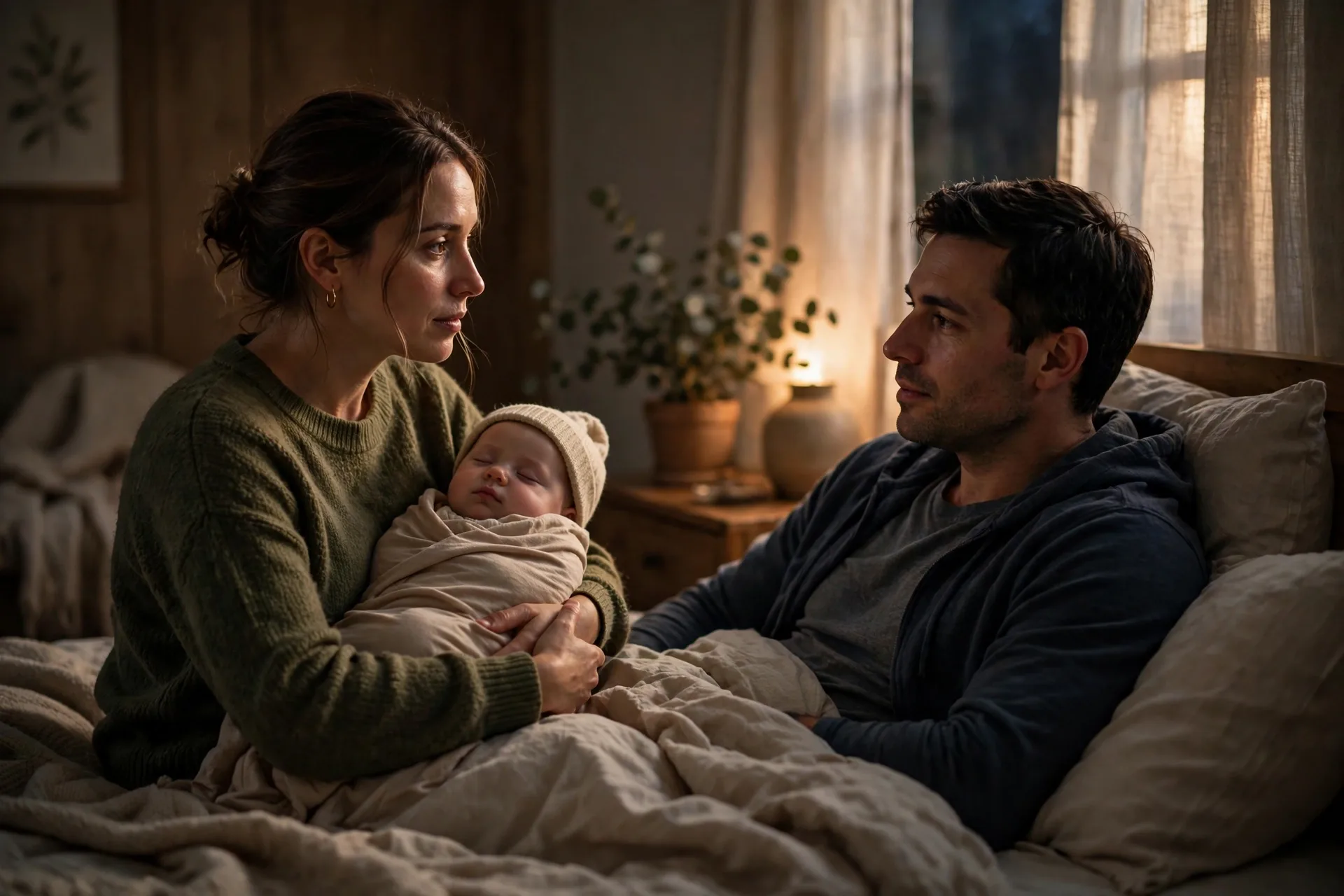 Parents agreeing on a night plan while one holds the baby