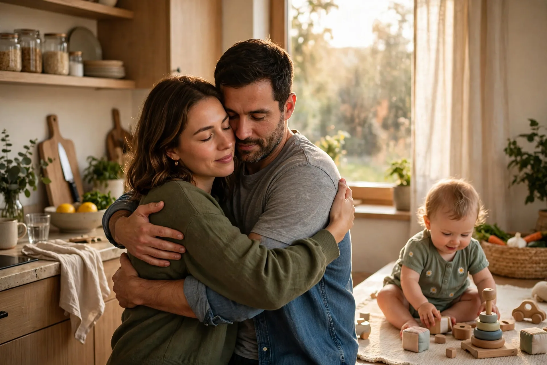 A couple making up after a disagreement with a hug in the kitchen