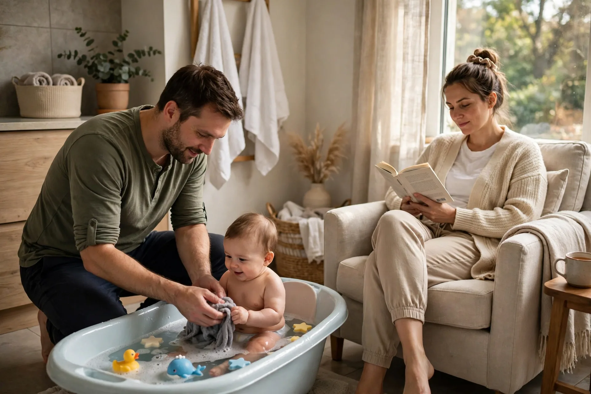 A dad doing the baby's bath time start to finish