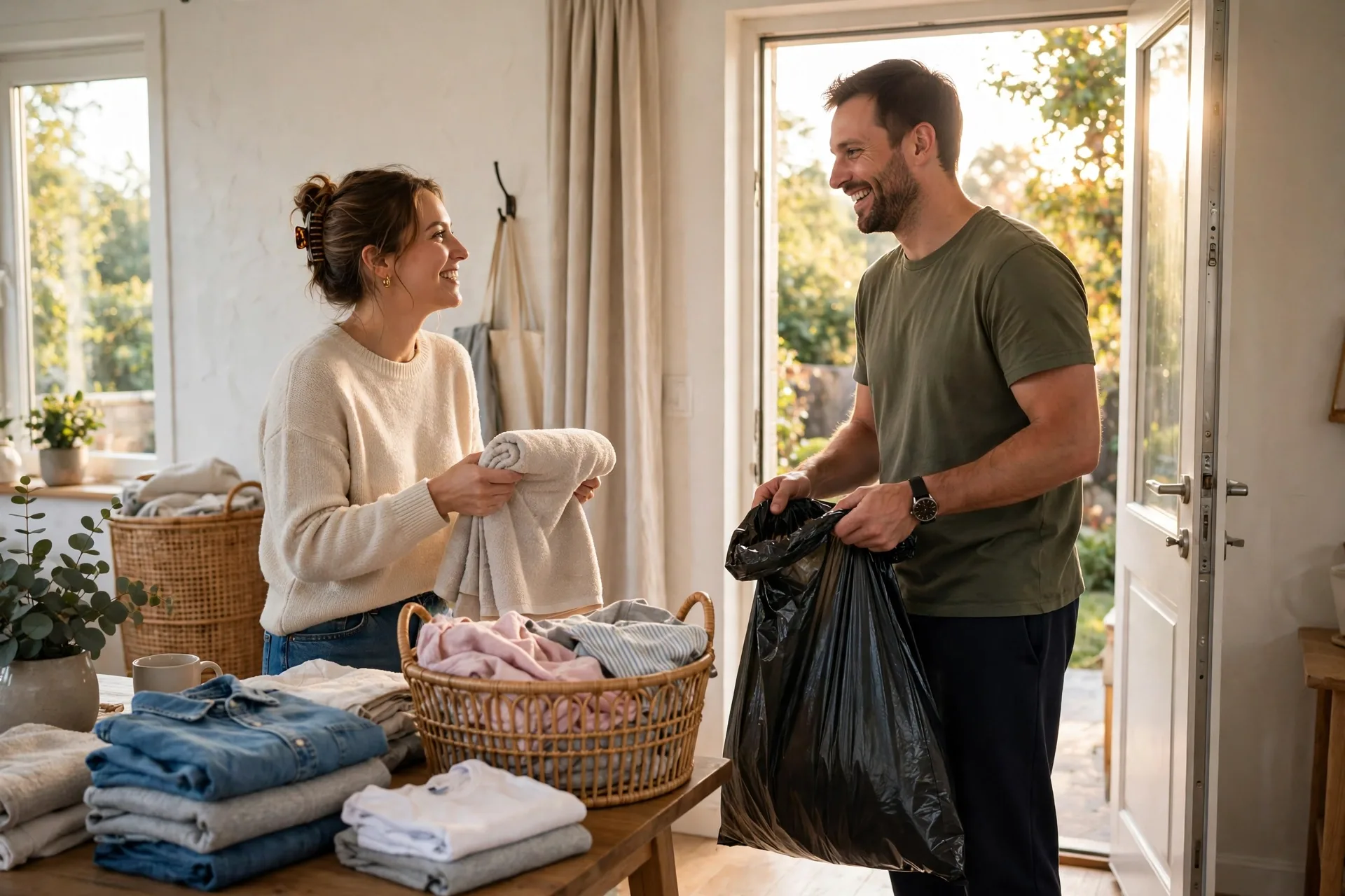 A couple swapping chores with a smile
